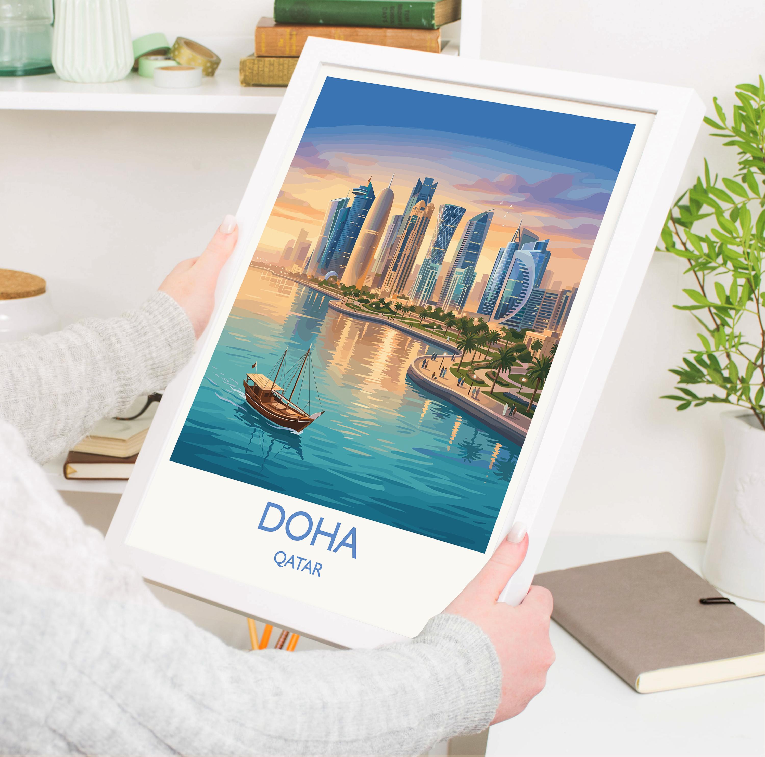 Doha Qatar Travel Poster, Doha Skyline Wall Art, Modern Cityscape Print, Arabian Gulf Illustration, Vintage Style Middle East Decor