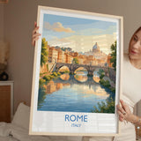 Rome Tiber River Travel Poster, Rome Skyline Wall Art, Historic Bridge & Cityscape Print, Italy Landscape Illustration, Europe Decor