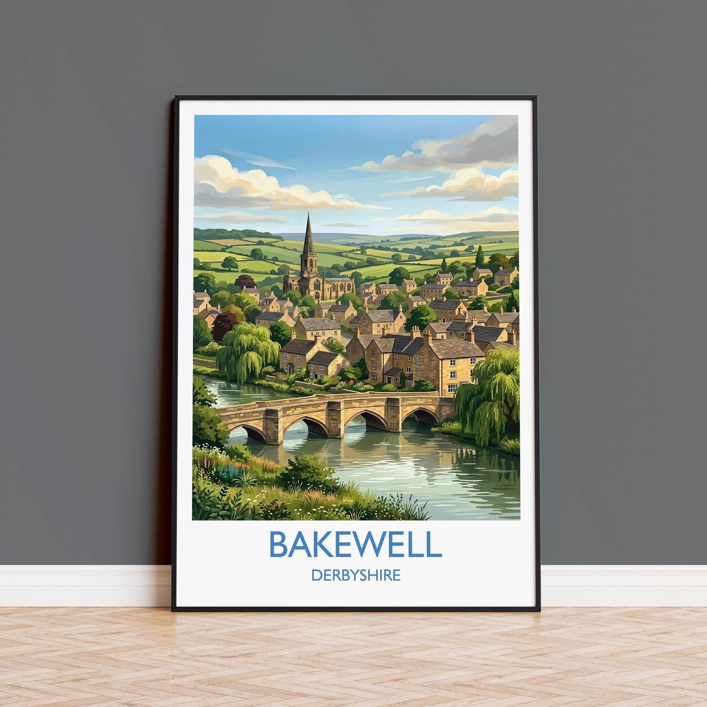 Bakewell Derbyshire Travel Poster, Peak District Wall Art, River Wye Town Print, Historic Market Town Illustration, Vintage Style UK Decor