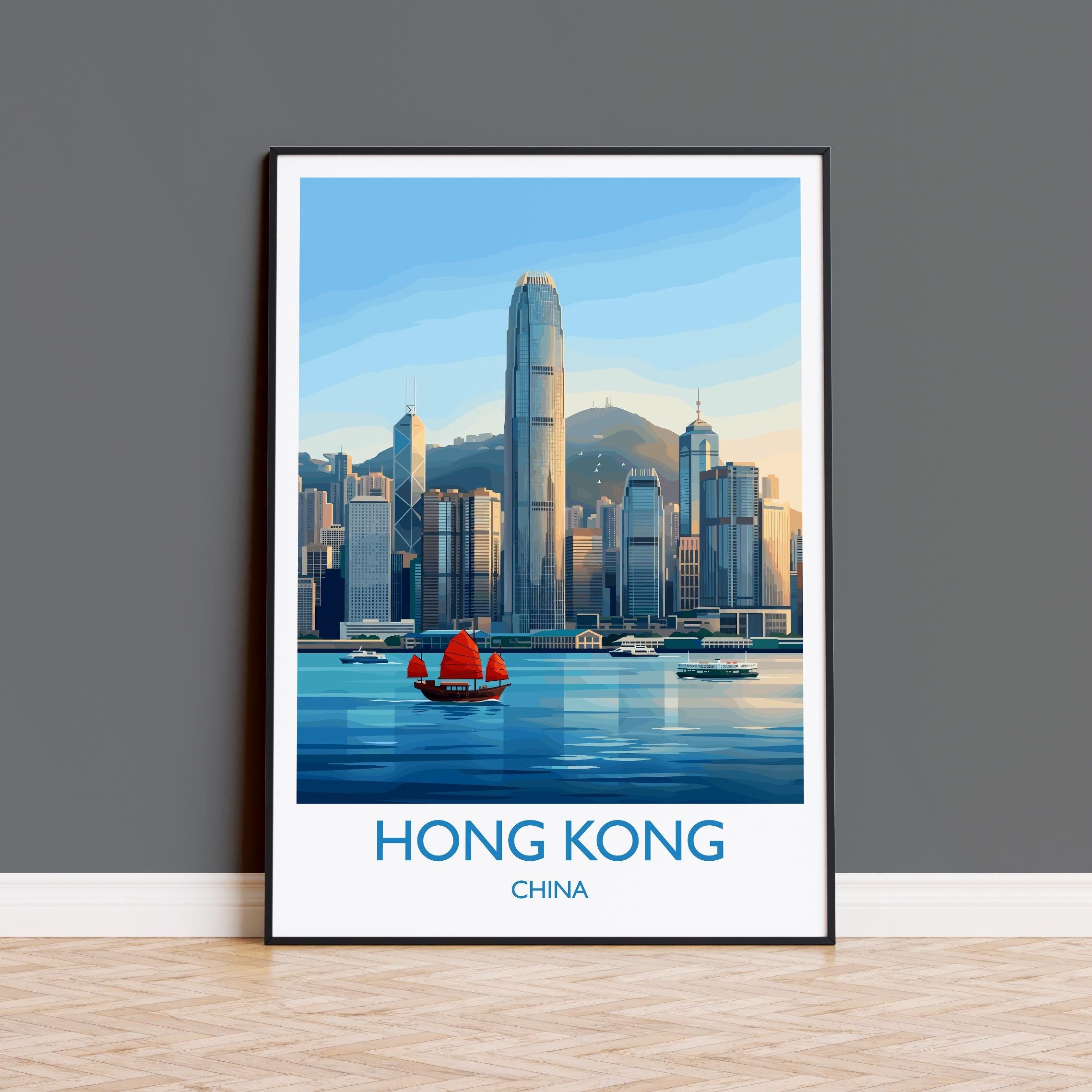 Hong Kong Travel Poster, Victoria Harbour Wall Art, Hong Kong Skyline Print, Star Ferry Illustration, Vintage Style Asia City Decor