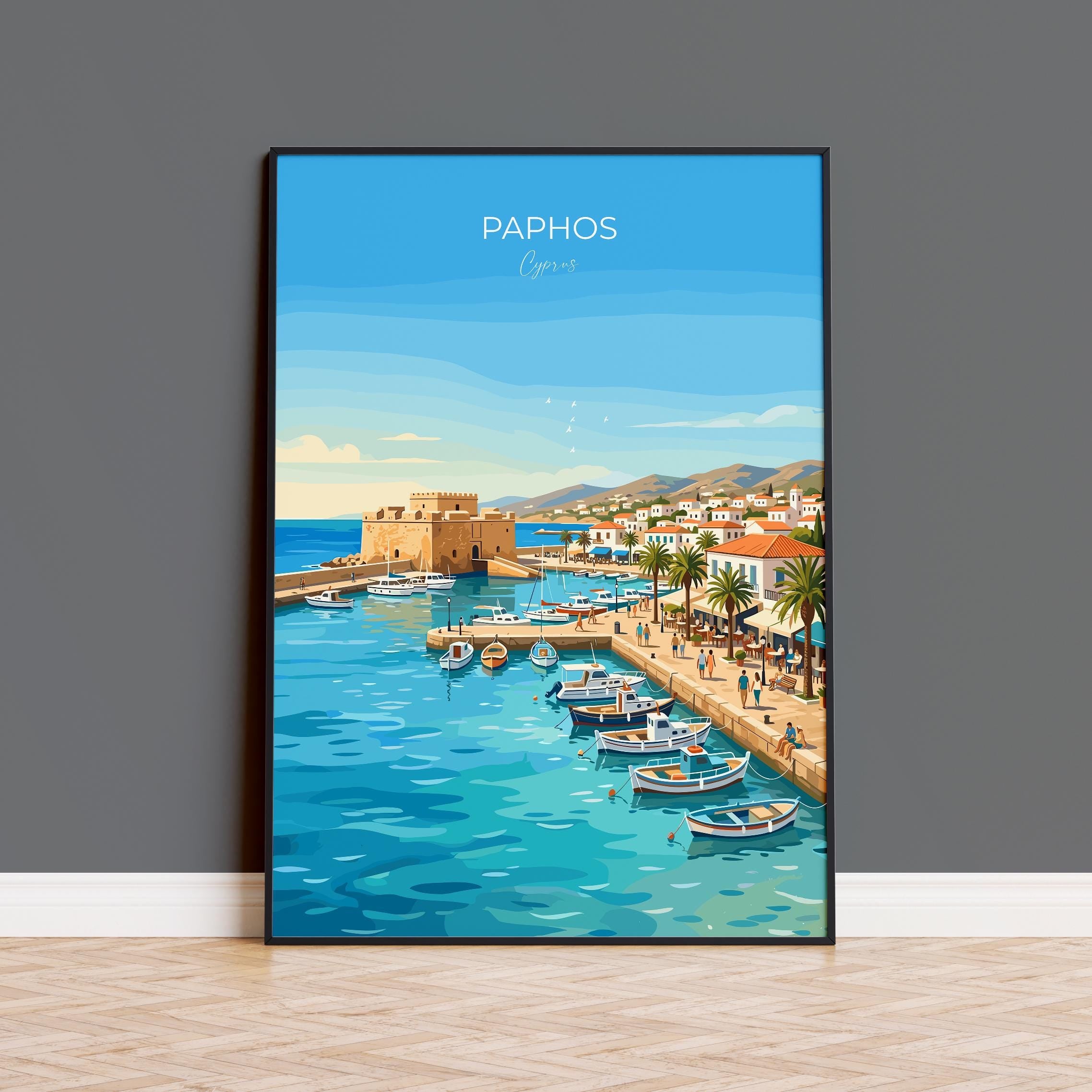Paphos Cyprus Travel Print, Mediterranean Coast Wall Art, Paphos Harbour Poster, Seaside Landscape Illustration, Vintage Style Europe Decor