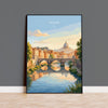 Rome Tiber River Travel Print, Rome Skyline Wall Art, Historic Bridge & Cityscape Poster, Italy Landscape Illustration, Europe Decor