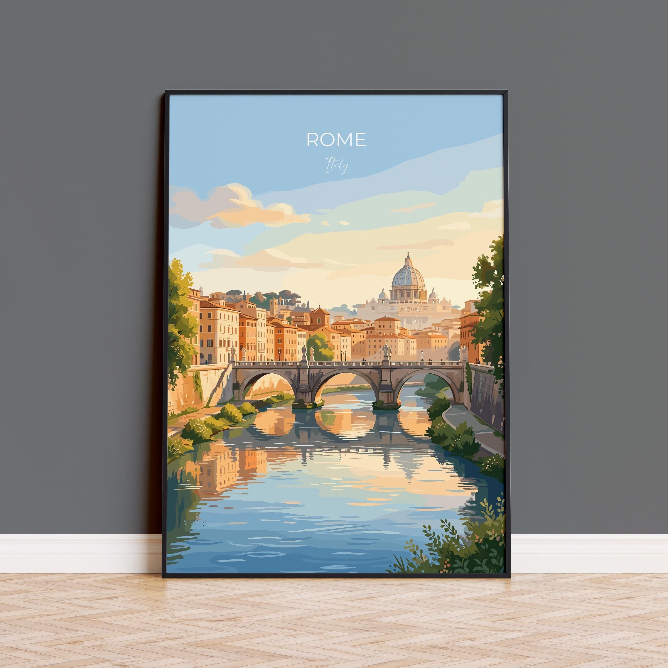 Rome Tiber River Travel Print, Rome Skyline Wall Art, Historic Bridge & Cityscape Poster, Italy Landscape Illustration, Europe Decor