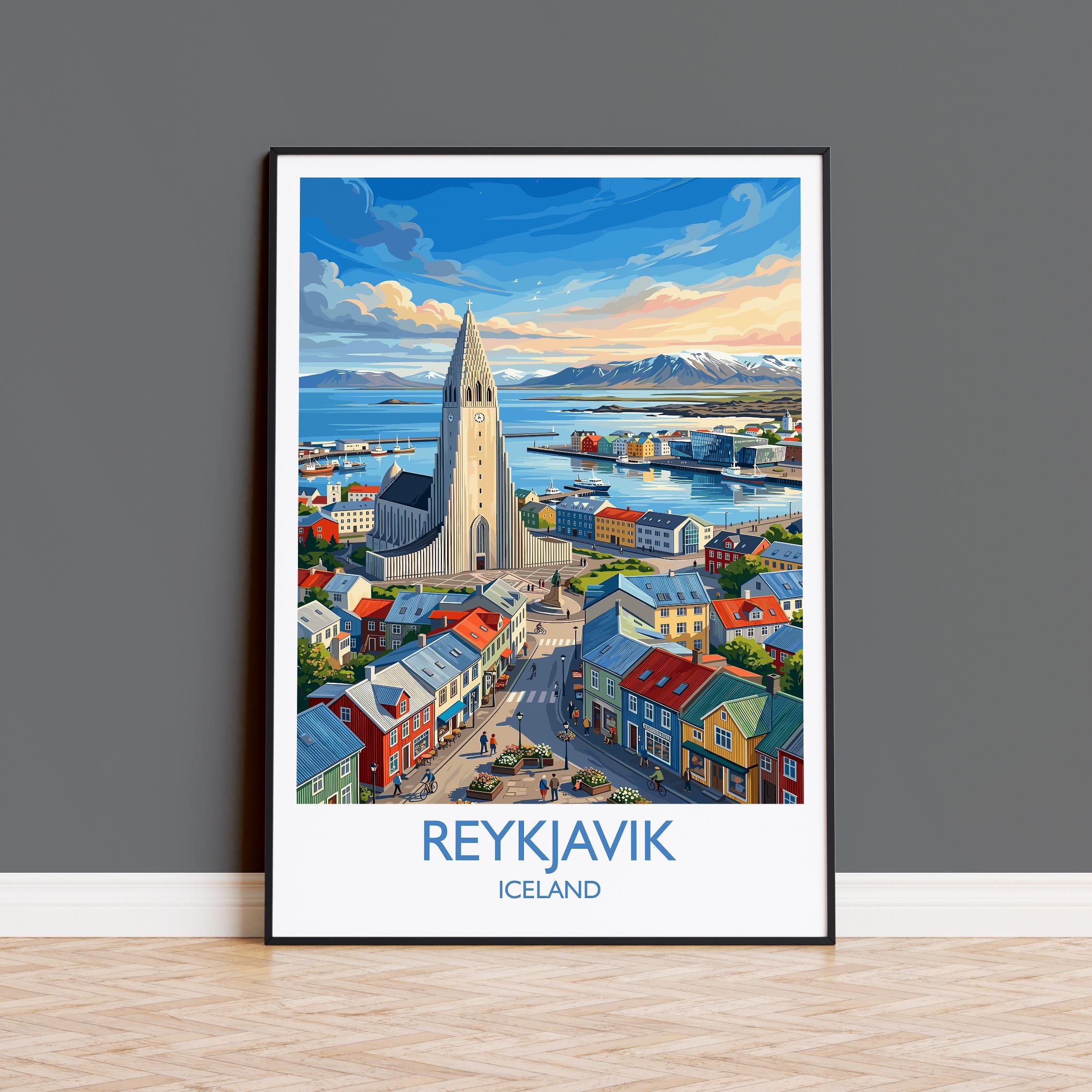 Reykjavik Iceland Travel Poster, Hallgrímskirkja Wall Art, Iceland City Print, Colourful Skyline Illustration, Vintage Style Nordic Decor