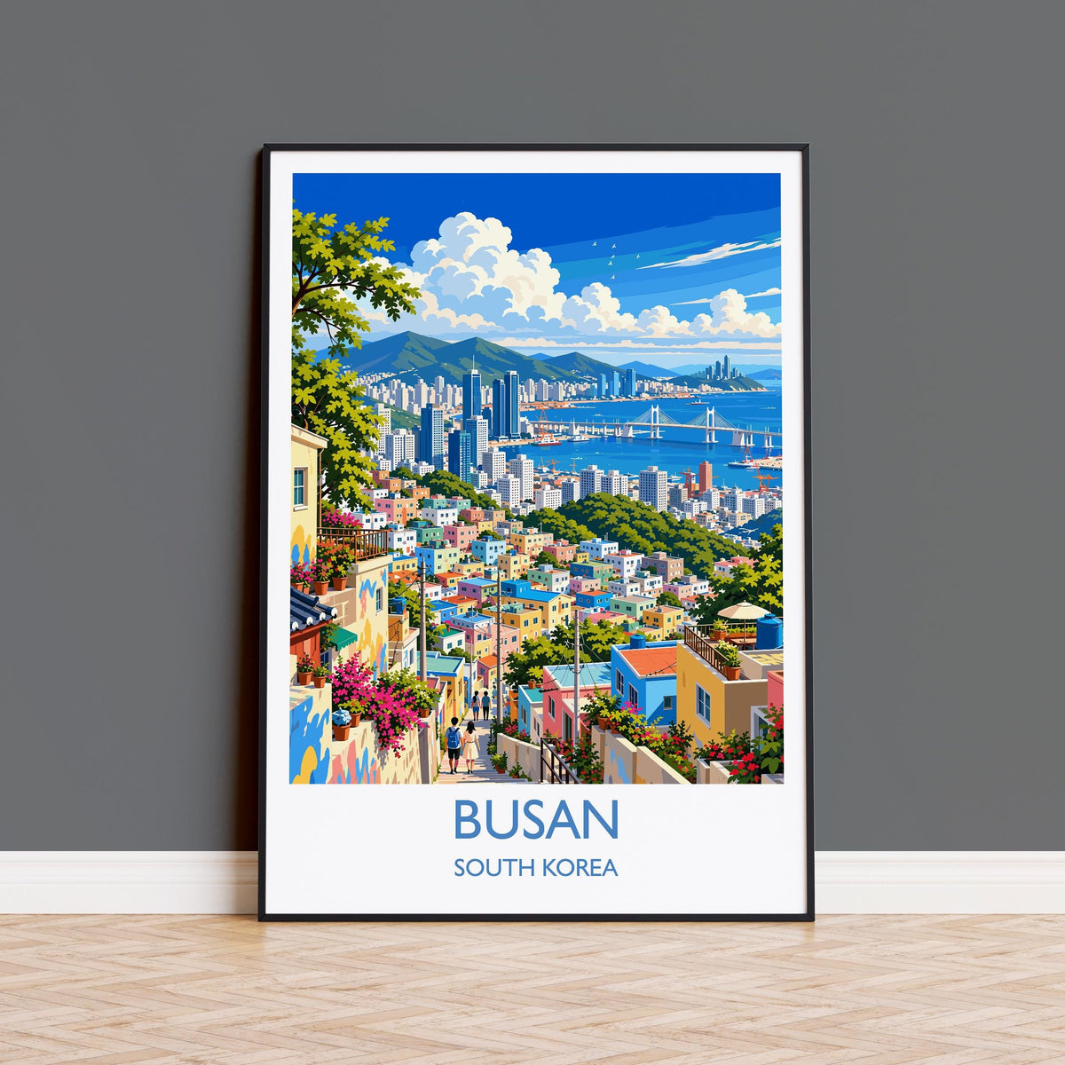 Busan Travel Print, South Korea Wall Art with Border, Gamcheon Culture Village Poster, Gwangan Bridge Art Print, Busan Gift