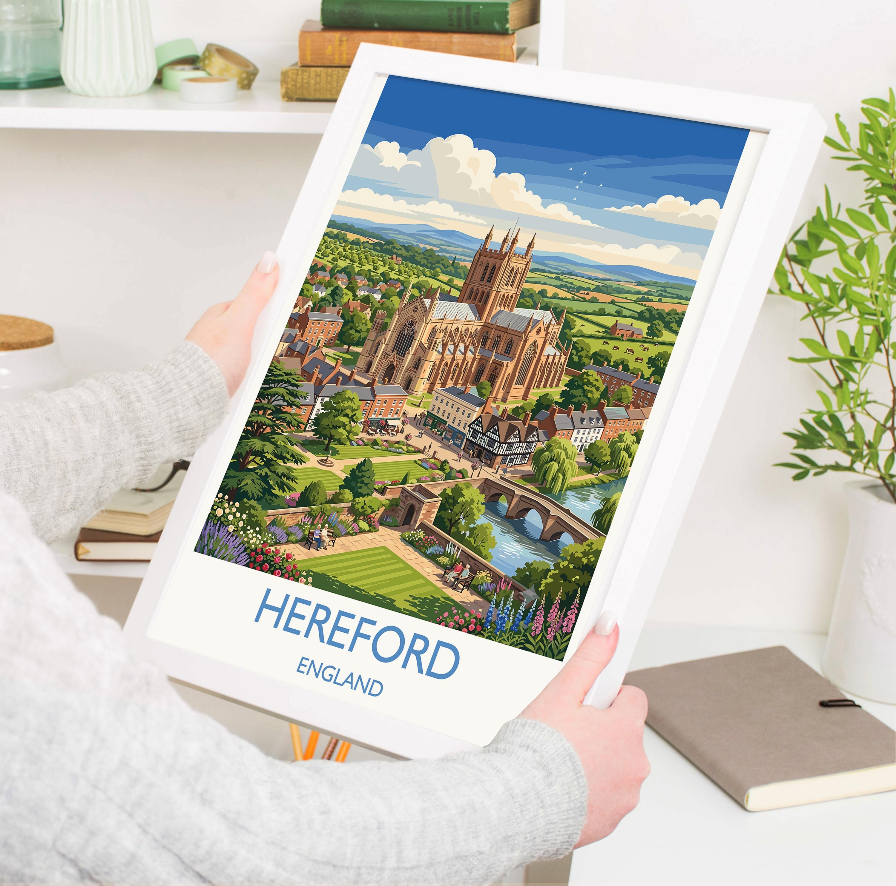 Hereford England Travel Poster, Hereford Cathedral Wall Art, River Wye Print, Historic City Illustration, Vintage Style UK Decor