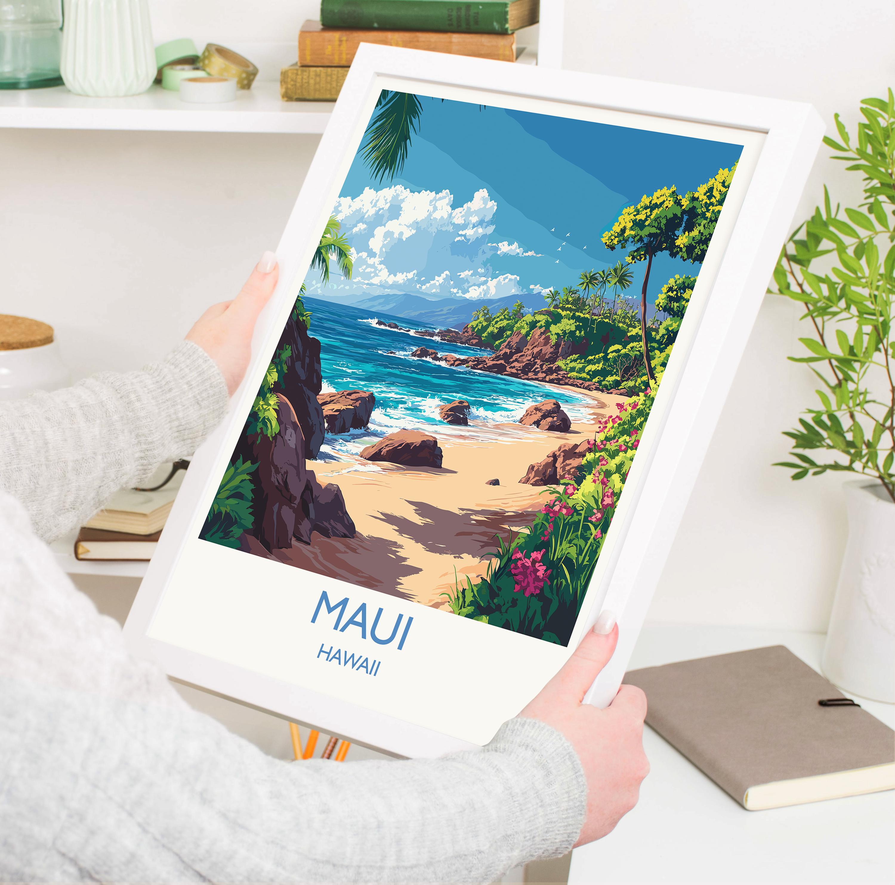 Maui Hawaii Travel Poster, Tropical Beach Wall Art, Hawaiian Island Landscape Print, Vintage Style Ocean Decor, Hawaii Vacation Gift NQ Media Designs
