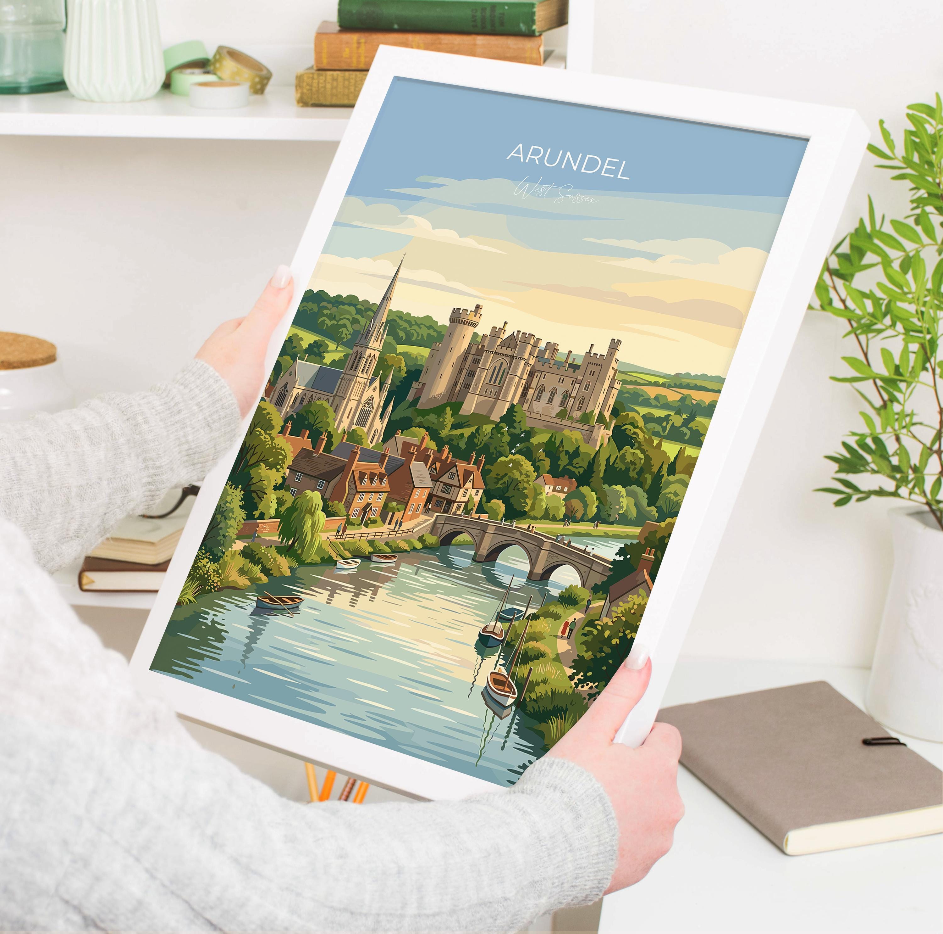Arundel Castle Travel Print, Arundel Cathedral River View Wall Art, West Sussex Poster, Historic Town Illustration, Vintage Style UK Decor
