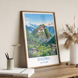 Bhutan South Asia Travel Poster, Himalayan Mountains Wall Art, Tiger's Nest Monastery Print, Bhutan Landscape, Vintage Travel Poster