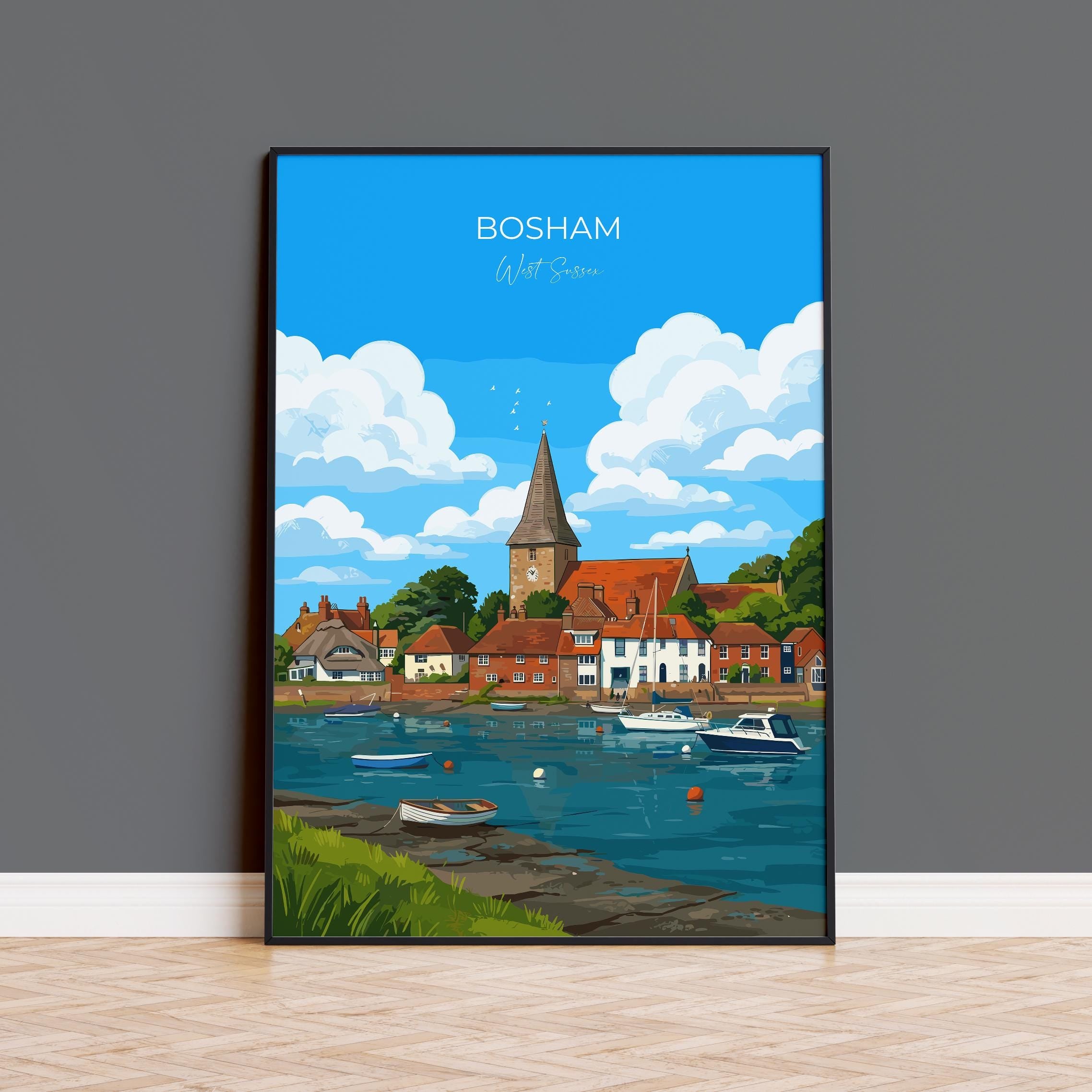 Bosham West Sussex Travel Print, Bosham Harbour Wall Art, Holy Trinity Church Poster, Coastal Village Illustration, Vintage Style UK Decor