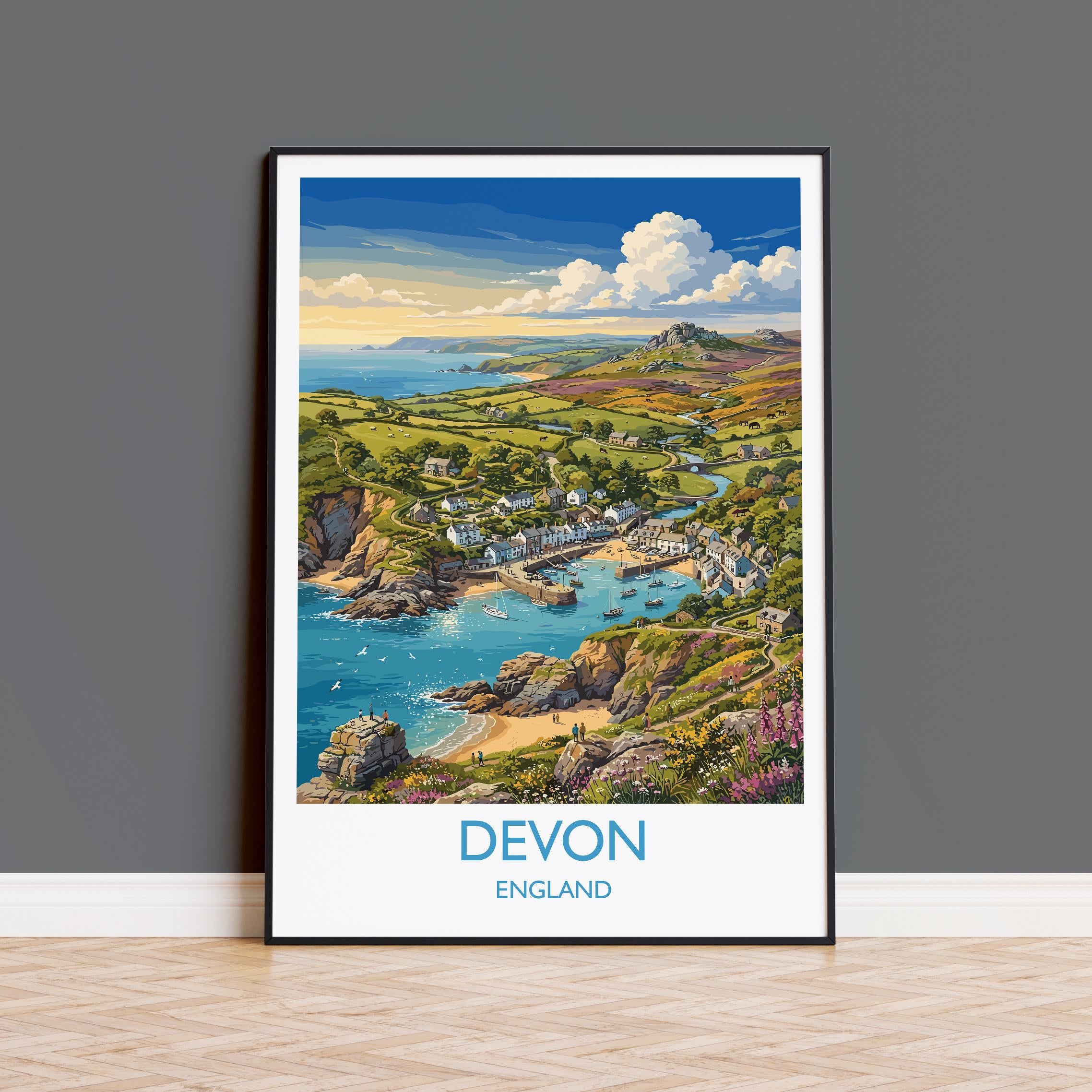 Devon England Travel Poster, Devon Coast Wall Art, English Riviera Print, Dartmoor Landscape, Vintage Style UK Decor