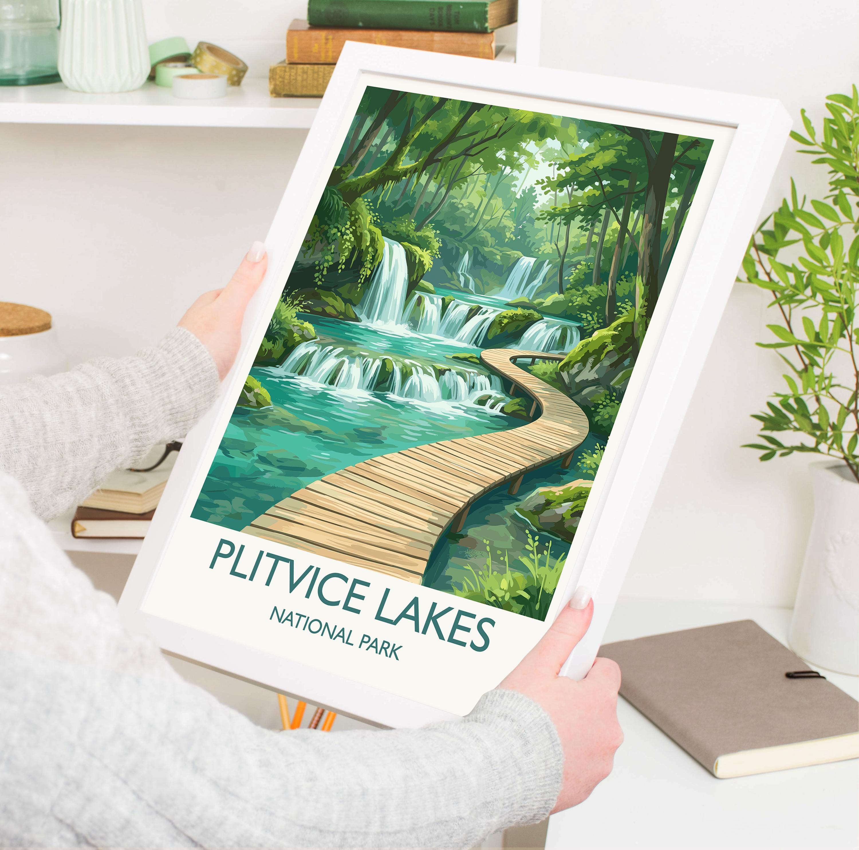 Plitvice Lakes Croatia Travel Poster, Waterfalls & Boardwalk Wall Art, National Park Print, Nature Illustration, Vintage Style Decor