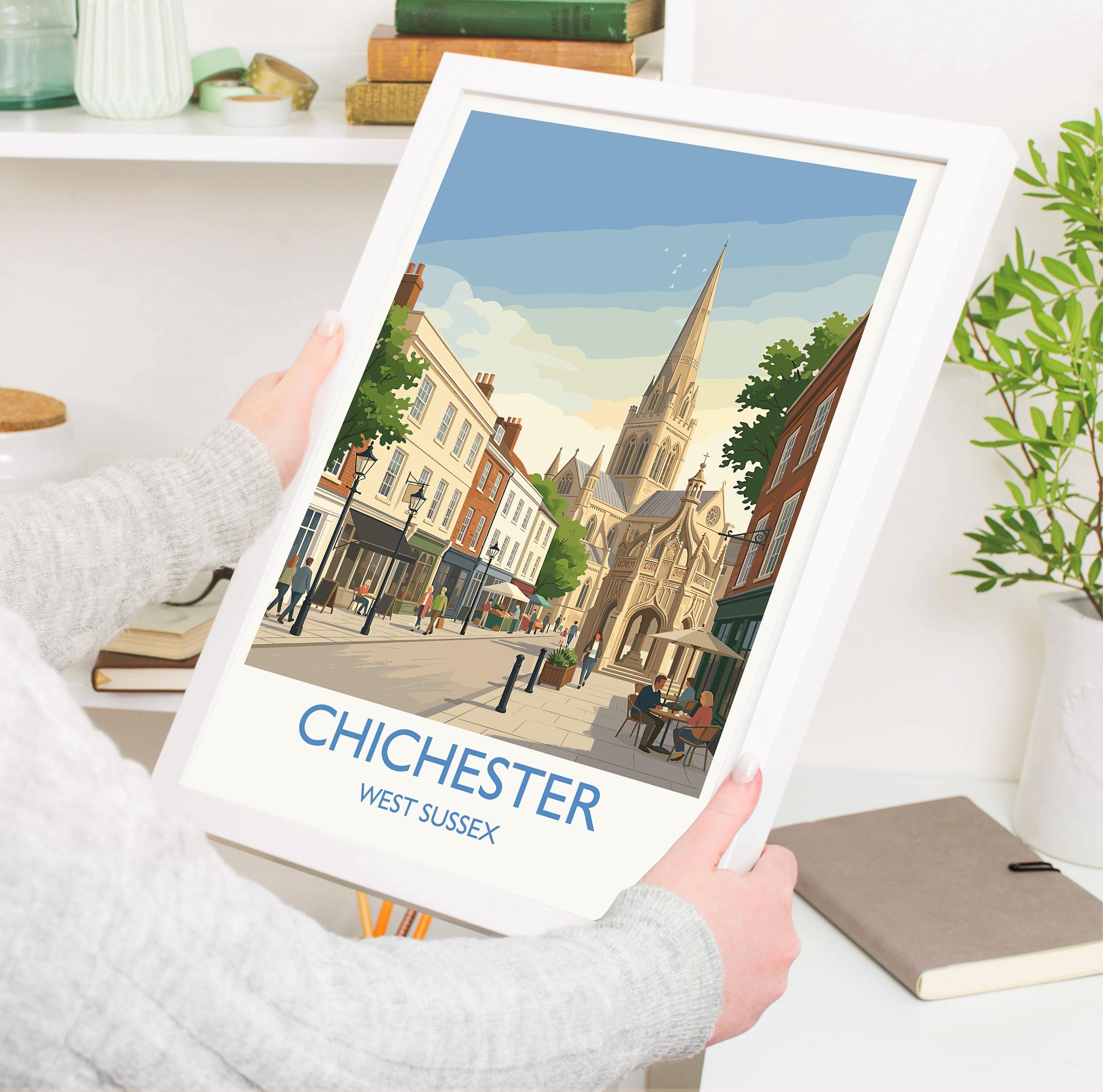Chichester Cathedral Travel Poster, Chichester High Street Clock Tower Wall Art, West Sussex City Print, Historic England, Vintage Style UK