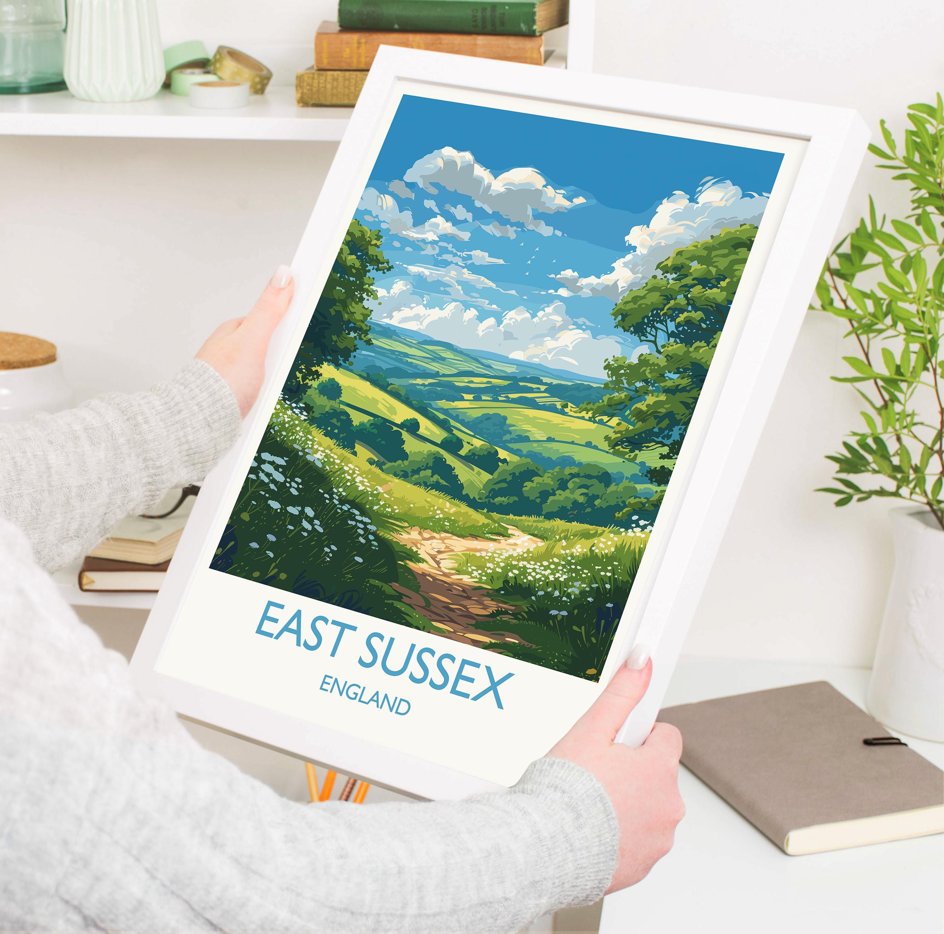 East Sussex Travel Poster Wall Art, East Sussex Travel Print, English Countryside Art Gift, Wall Art Print NQ Media Designs