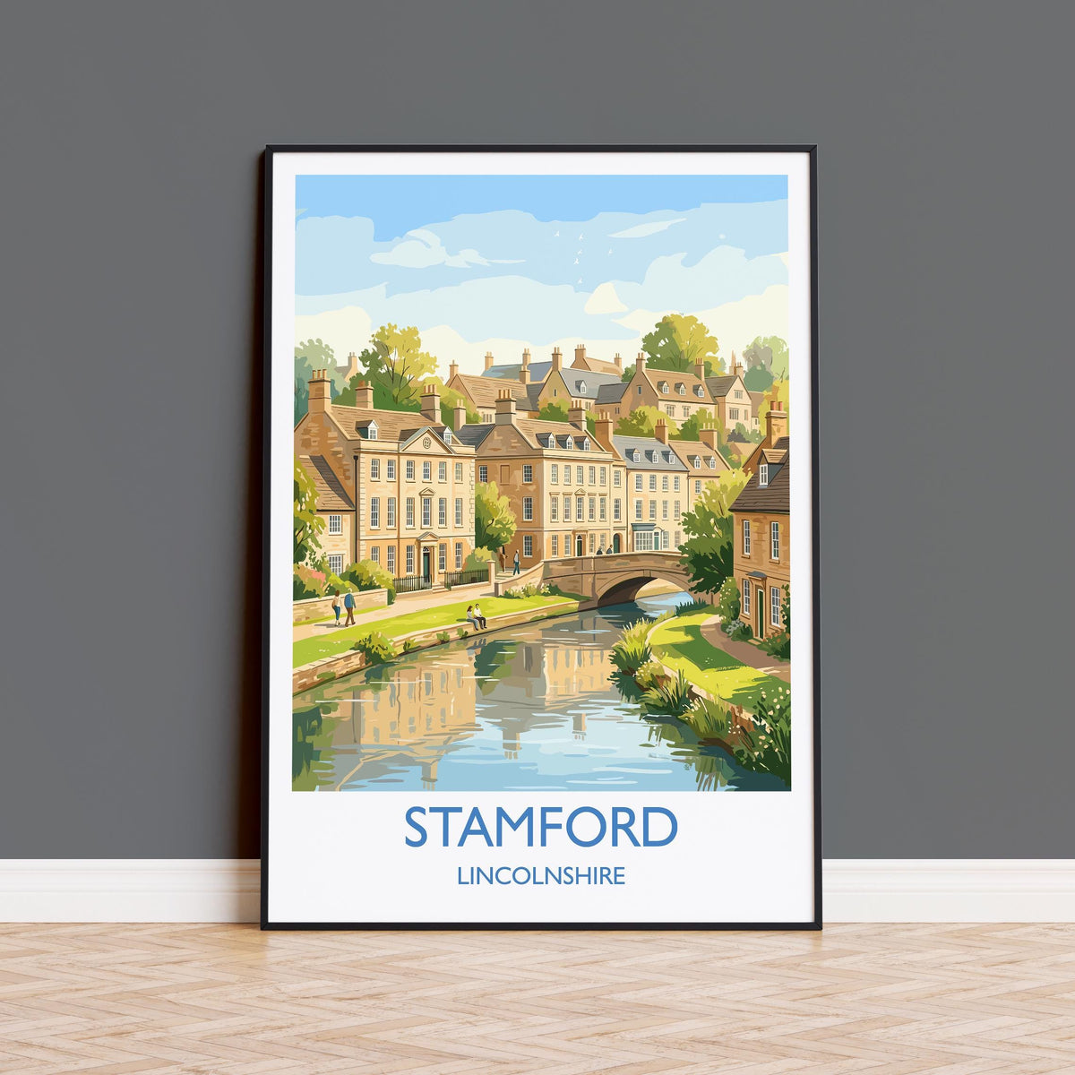 Stamford Lincolnshire Travel Poster, Historic Market Town Wall Art, River Welland Print, Georgian Architecture, Vintage Style UK Decor