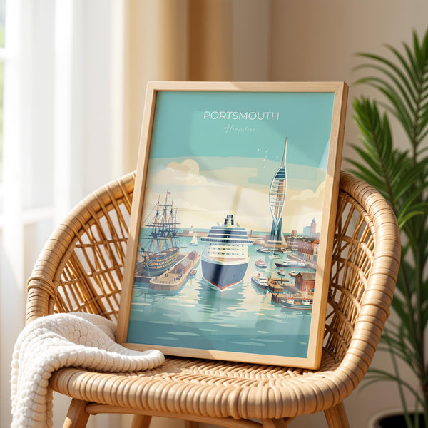 Portsmouth Travel Print Poster, Southsea & Spinnaker Tower Wall Art, Hampshire Coastal City Illustration, UK Travel Decor, Seaside Gift