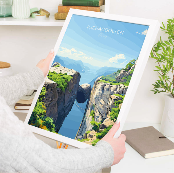 Kjeragbolten Travel Poster, Travel Print of Fjords, Norway Poster, Kjeragbolten Art Gift, Norway Art Lovers Travel Gift