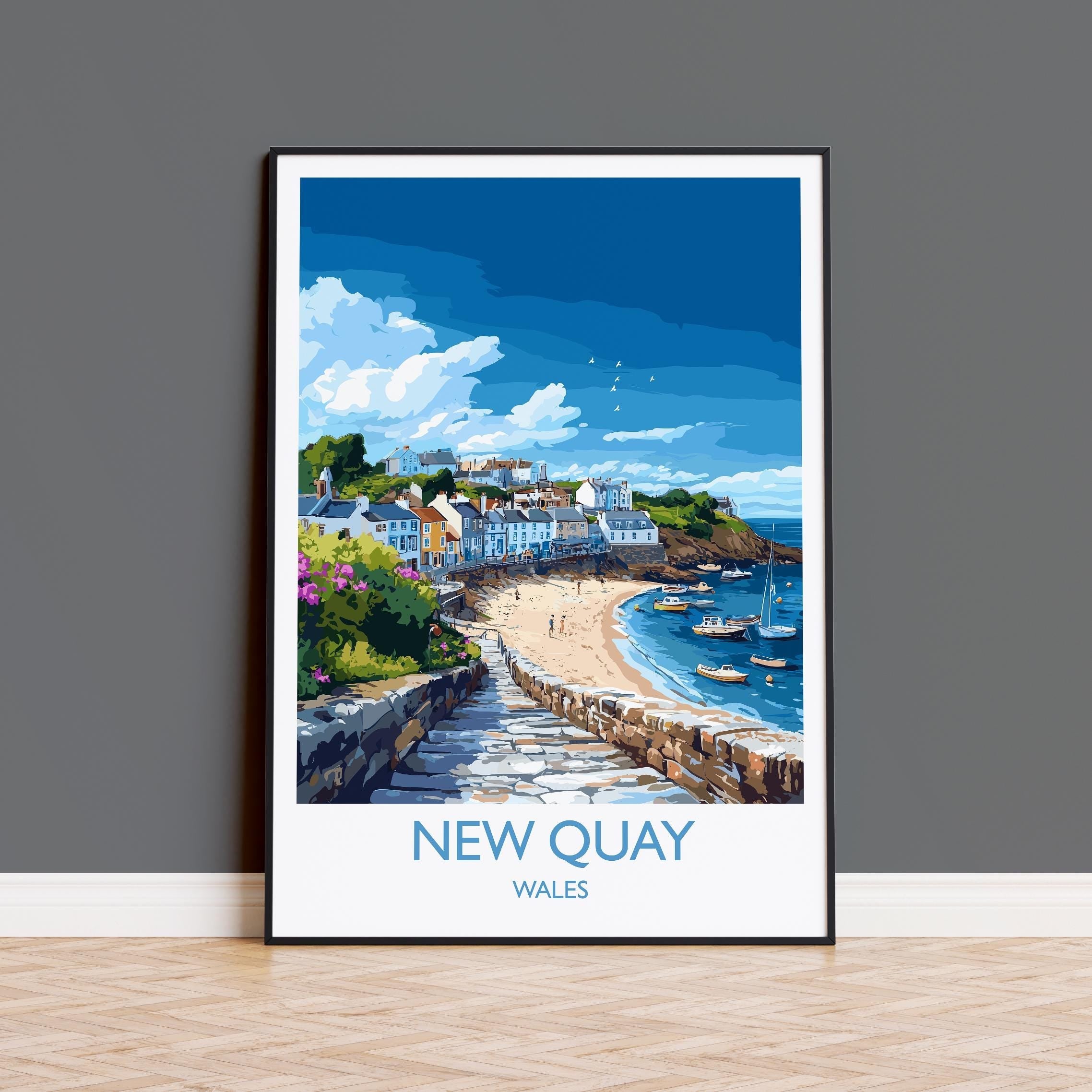 New Quay Travel Poster Wall Art, New Quay Travel Print, Wales, Ceredigion Welsh Art Gift, Wall Art Print NQ Media Designs