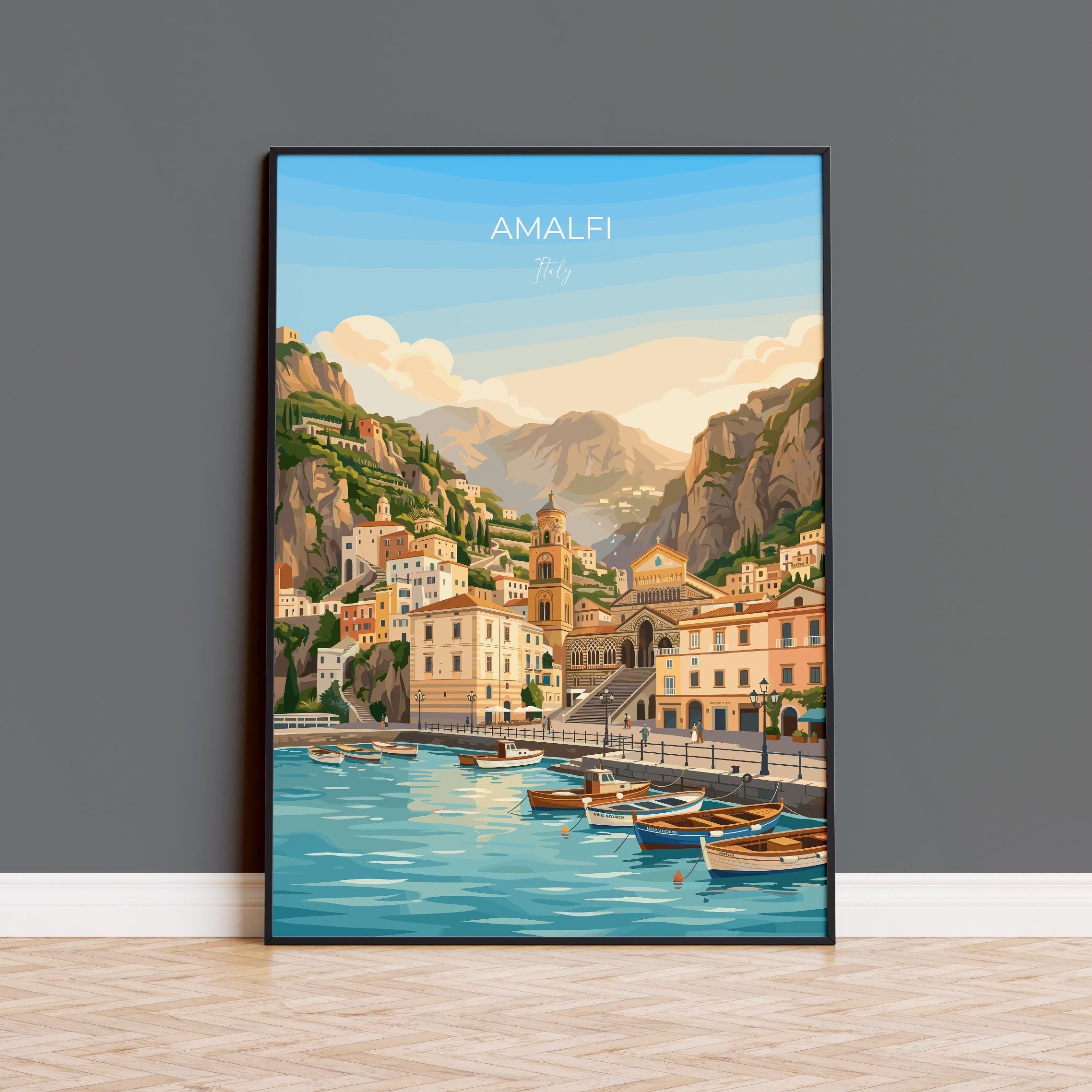 Amalfi Italy Travel Print, Amalfi Coast Wall Art, Mediterranean Seaside Poster, Colourful Coastal Village Illustration, Vintage Europe Decor