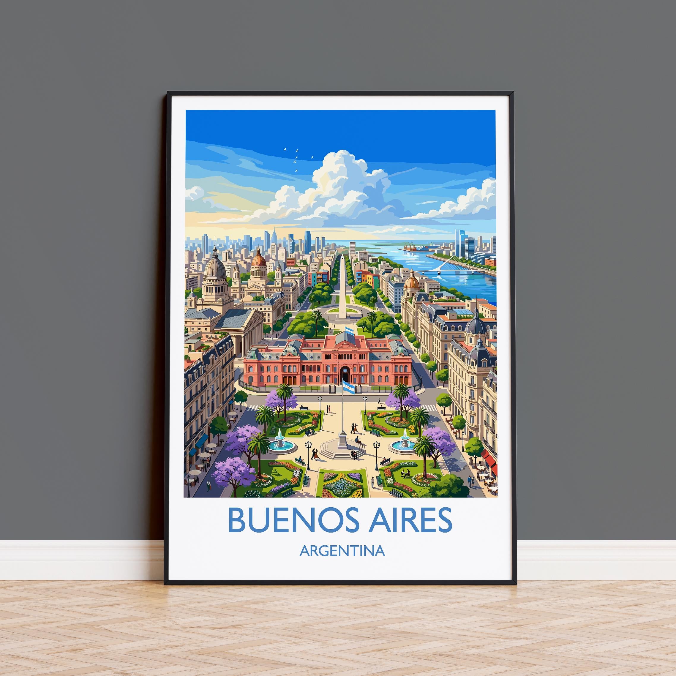 Buenos Aires Argentina Travel Poster, Buenos Aires Skyline Wall Art, Obelisk Print, Plaza de la República, Vintage Style South America Decor