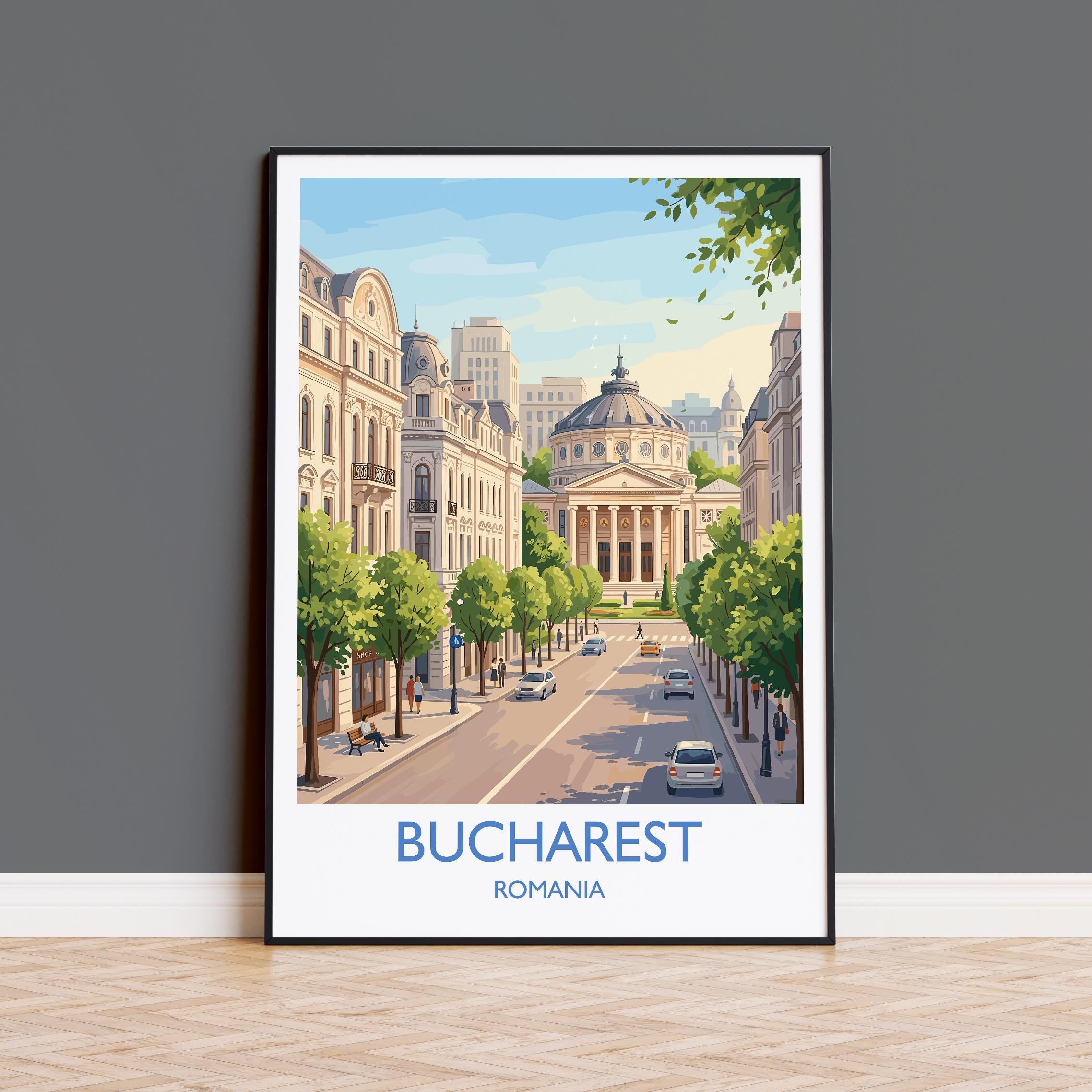 Bucharest Travel Poster, Romanian Athenaeum Wall Art, Bucharest City Print, Historic Architecture Illustration, Europe Decor, Romania Gift