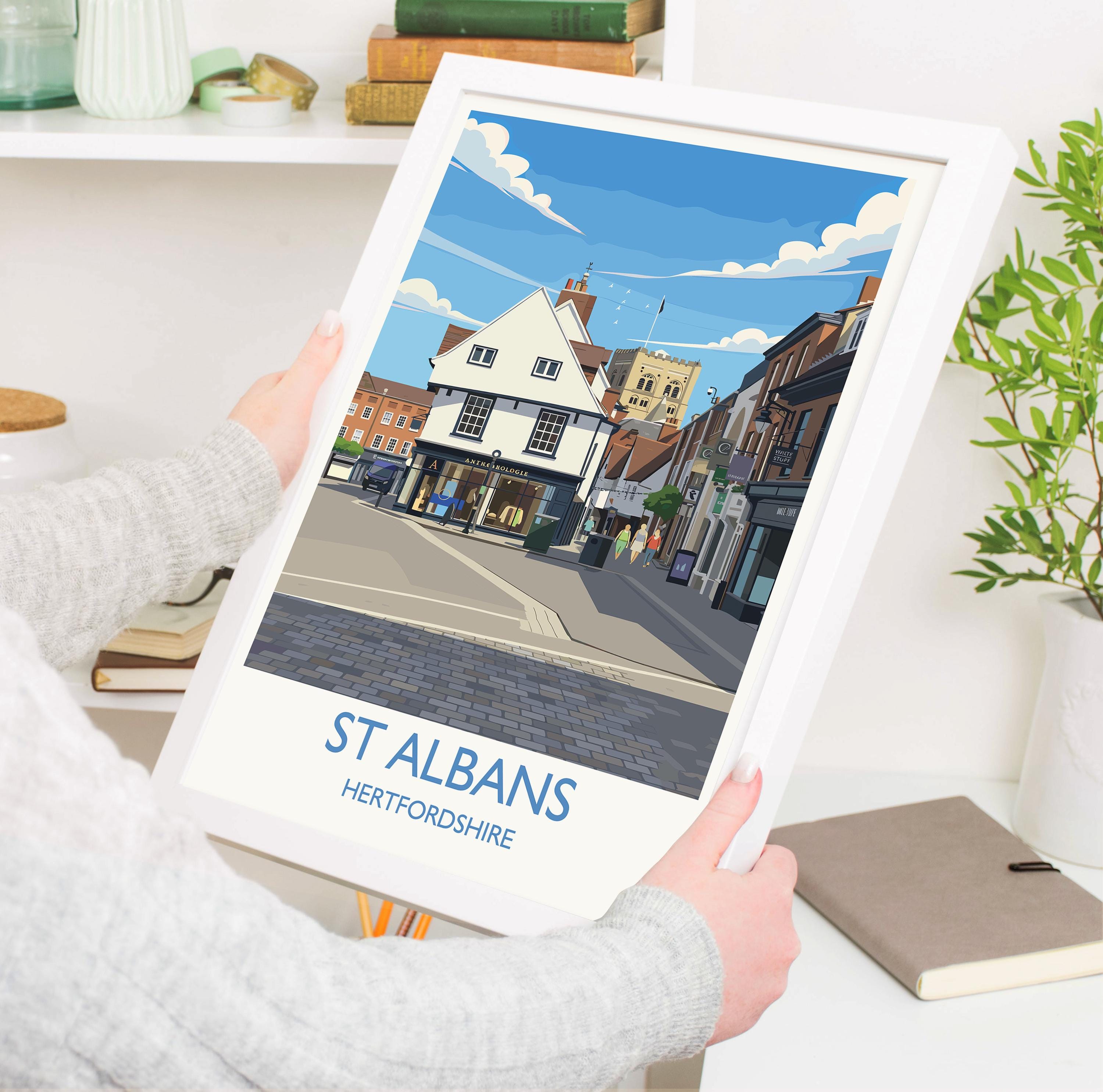 St Albans Travel Poster Wall Art, Travel Print of St Albans, Hertfordshire, England, English Cathedral City Gift NQ Media Designs