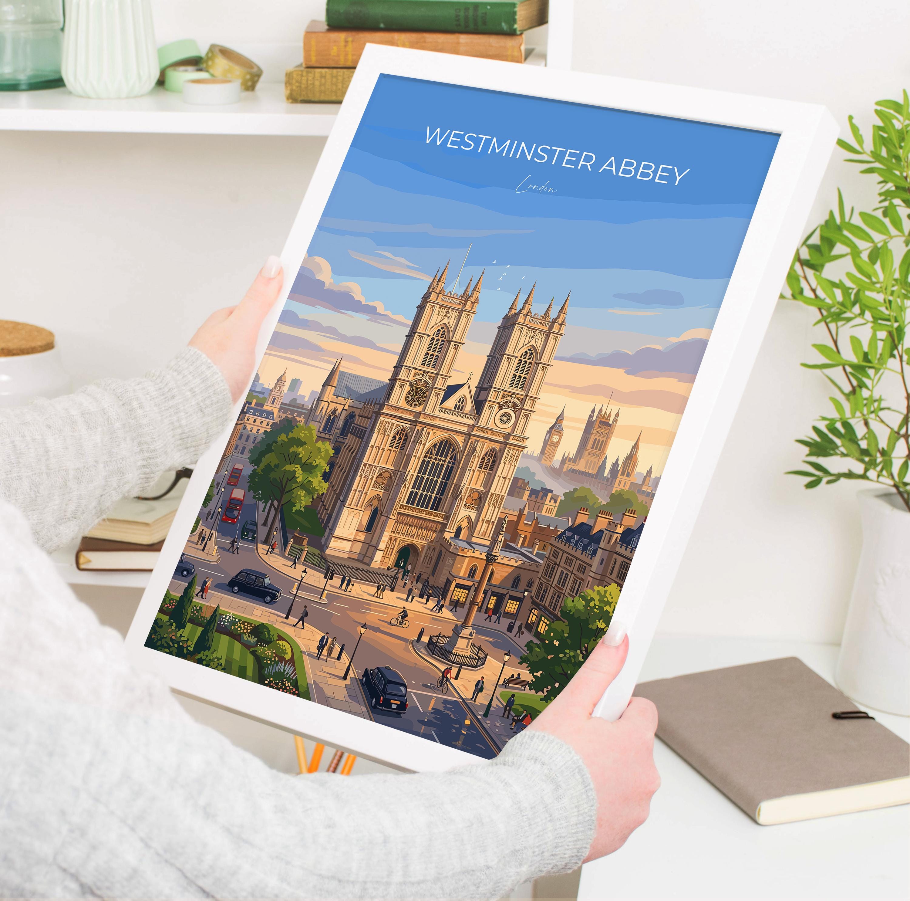 Westminster Abbey London Travel Print, London Landmark Wall Art, Gothic Cathedral Poster Historic London Illustration, Vintage UK Decor