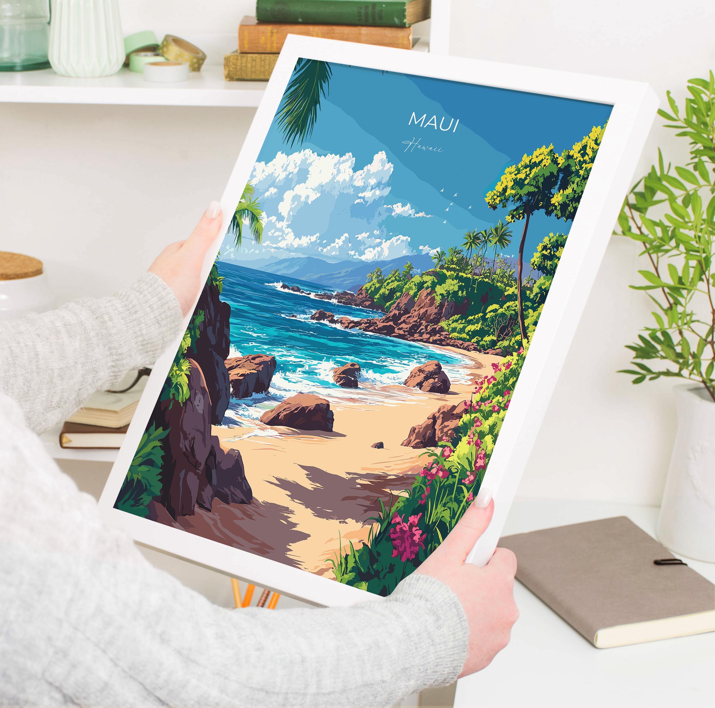 Maui Hawaii Travel Print, Tropical Beach Wall Art, Hawaiian Island Landscape Poster, Vintage Style Ocean Decor, Hawaii Vacation Gift NQ Media Designs