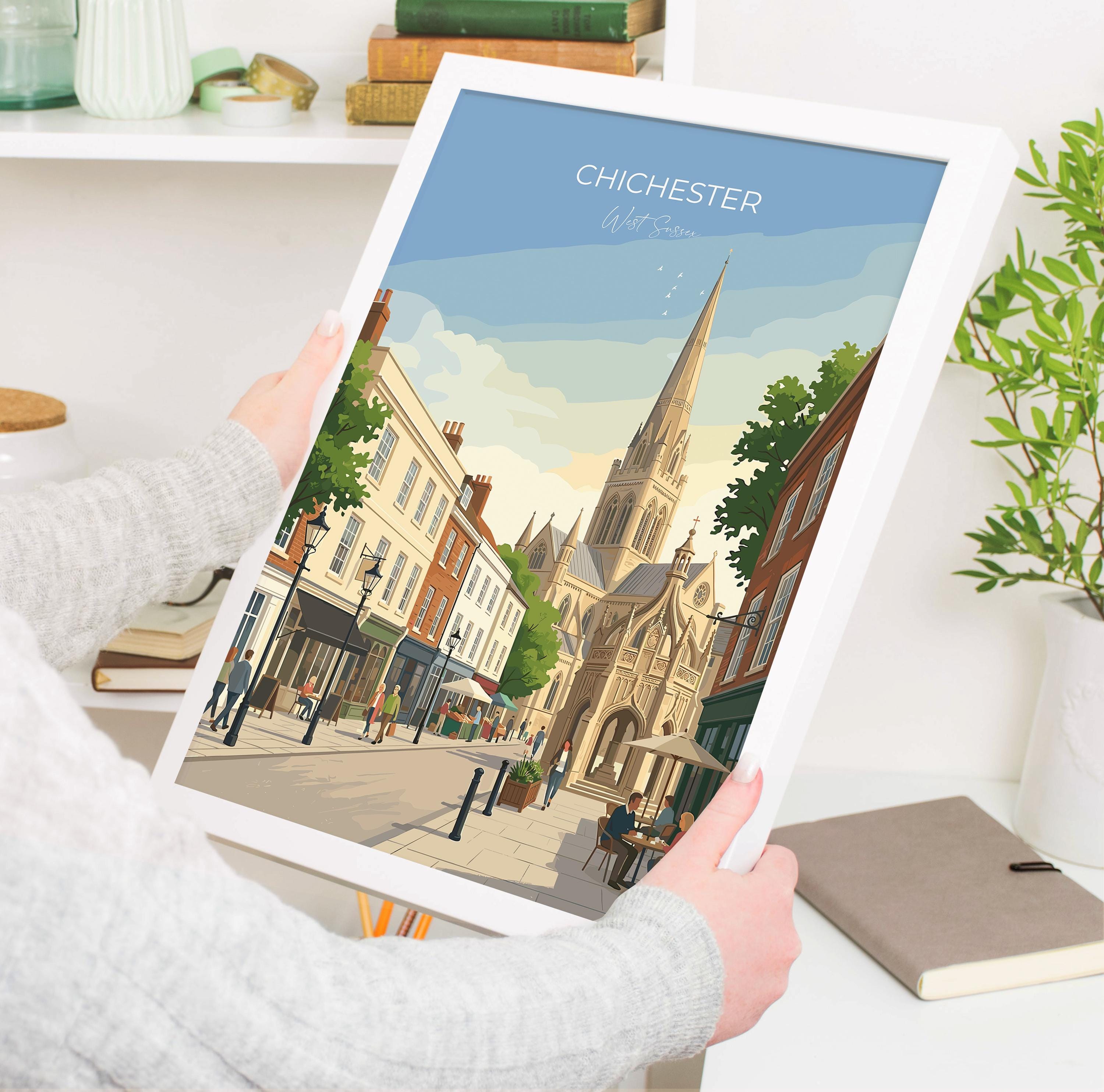 Chichester Cathedral Travel Print, Chichester High Street Clock Tower Wall Art, West Sussex City Poster, Historic England, Vintage Style UK