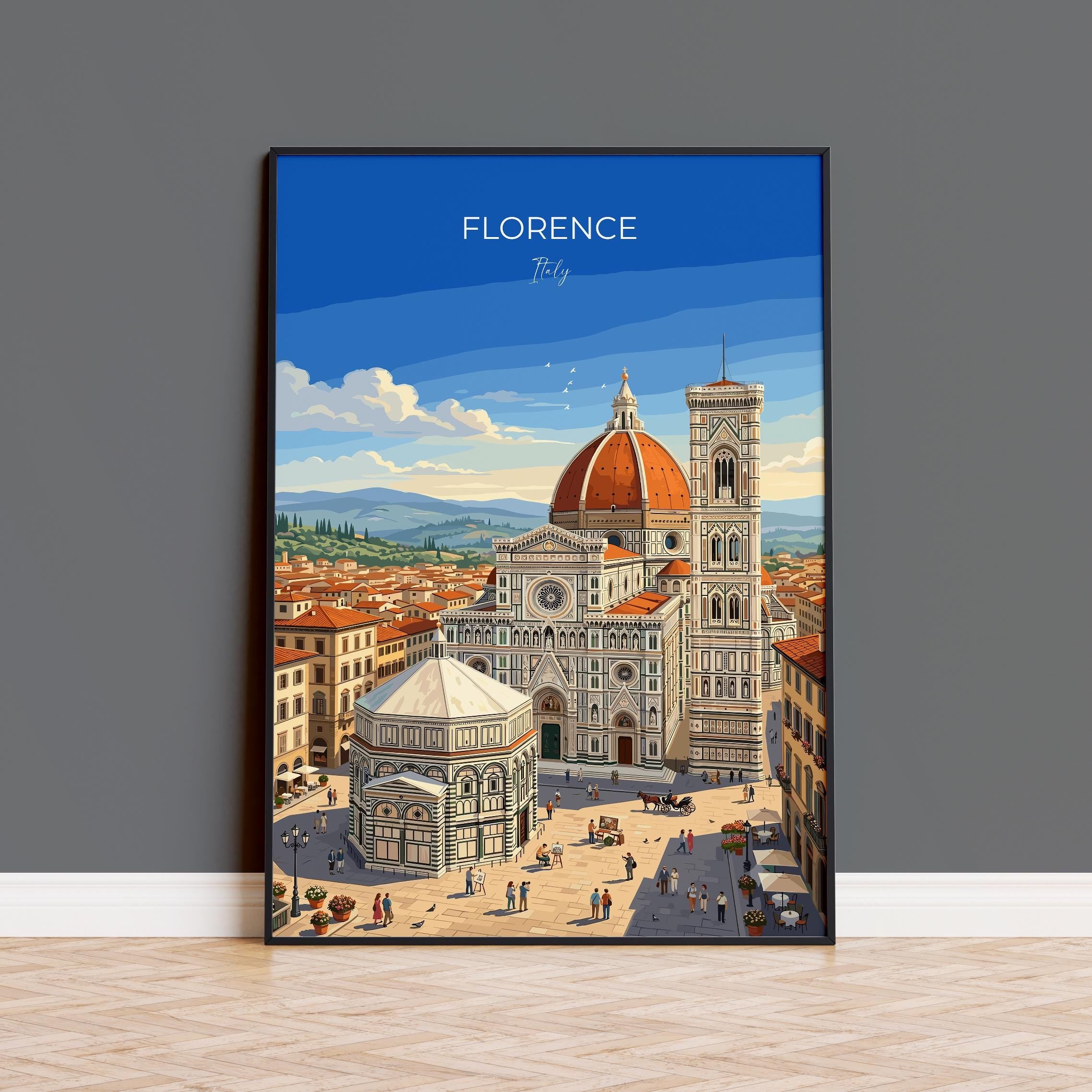 Florence Duomo Travel Print, Cathedral of Santa Maria del Fiore Wall Art, Piazza del Duomo Poster, Florence Italy Vintage Travel Print
