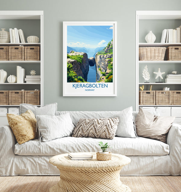 Kjeragbolten Travel Print, Travel Poster of Fjords, Norway Poster, Kjeragbolten Art Gift, Norway Art Lovers Travel Gift