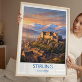 Stirling Castle Scotland Travel Poster, Scottish Highlands Wall Art, Stirling Sunset Landscape Print, Historic Castle Illustration, UK Decor