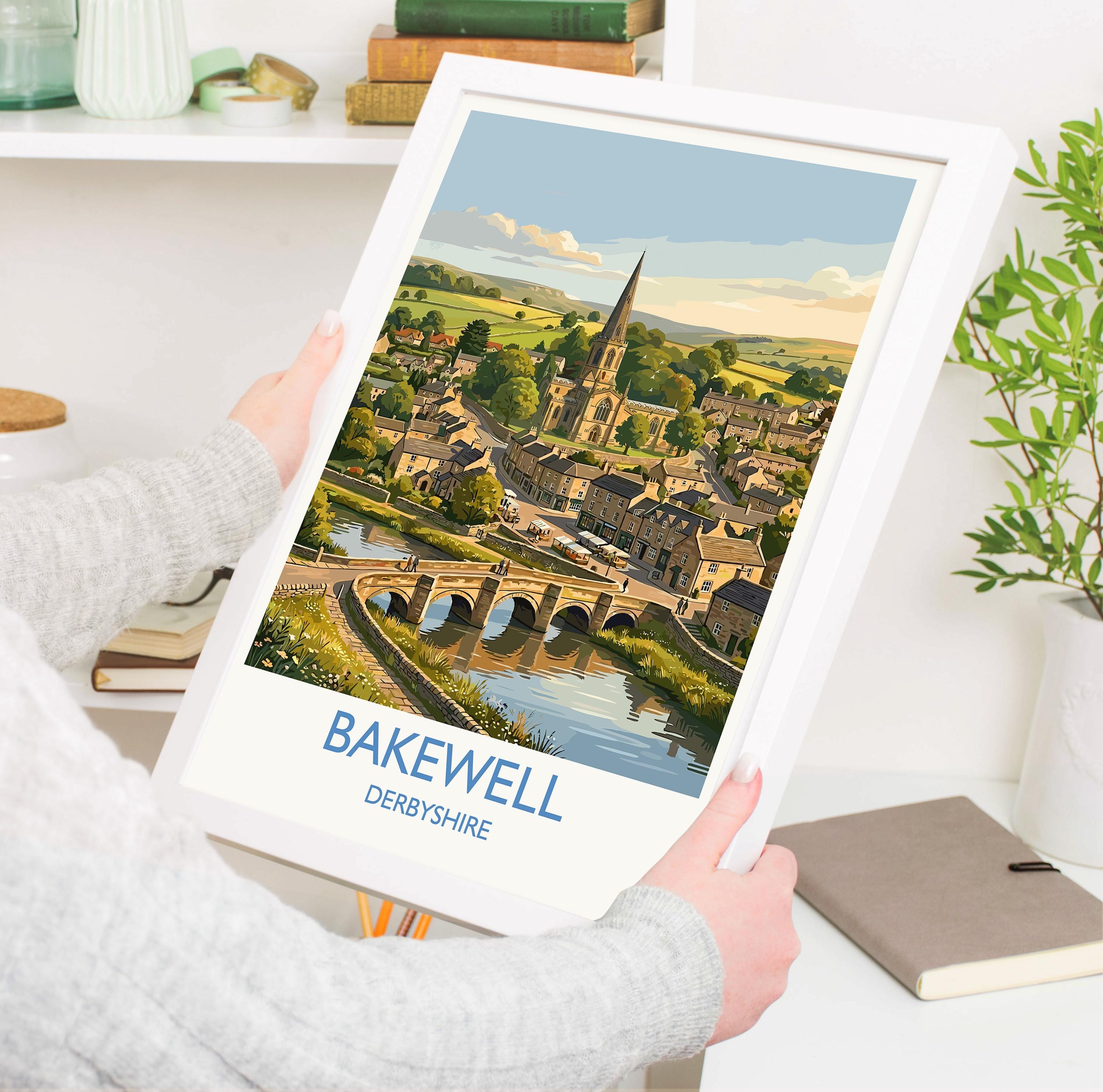 Bakewell Derbyshire Travel Poster, Peak District Wall Art, River Wye Town Print, Historic Market Town Illustration, Vintage Style UK Decor