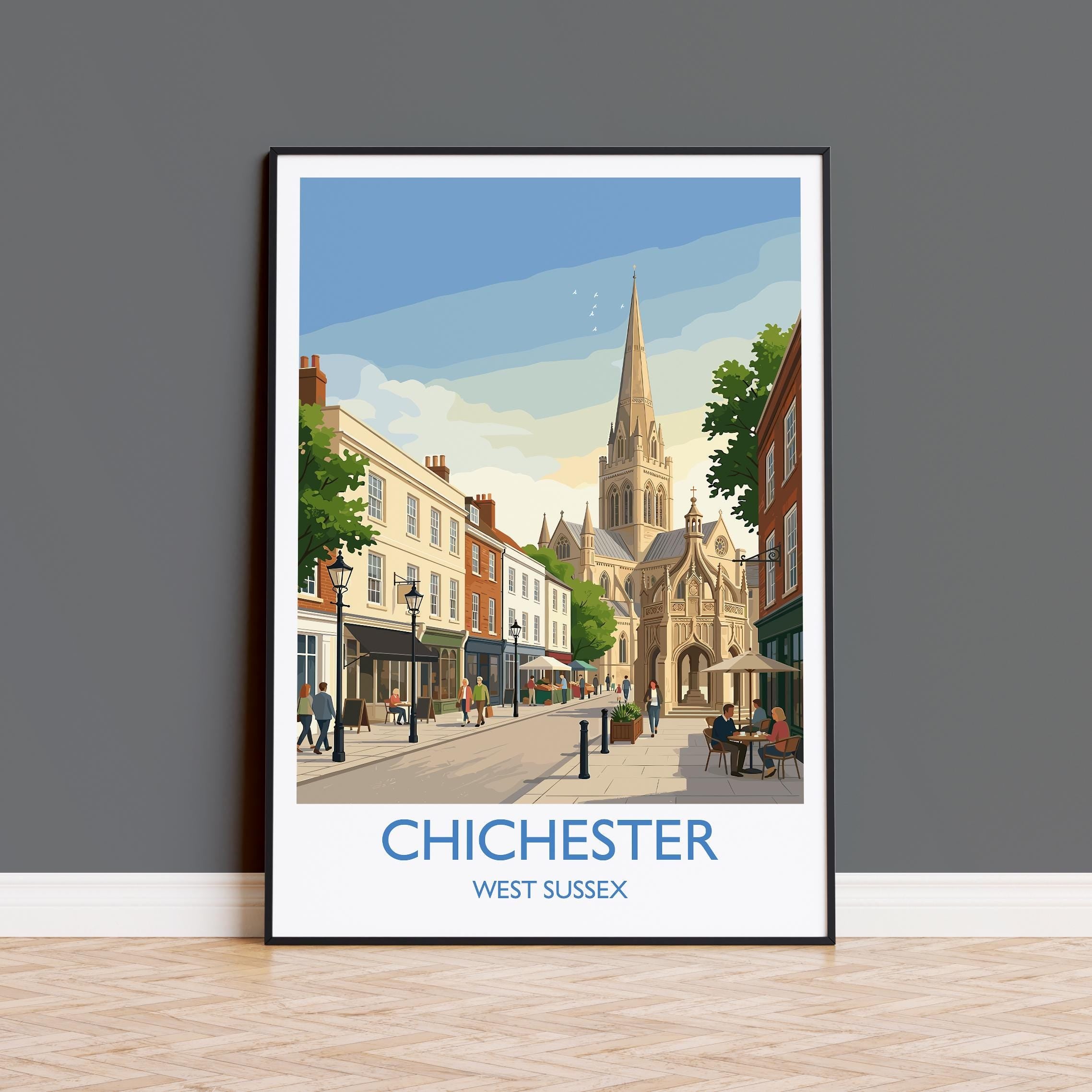 Chichester Cathedral Travel Poster, Chichester High Street Clock Tower Wall Art, West Sussex City Print, Historic England, Vintage Style UK