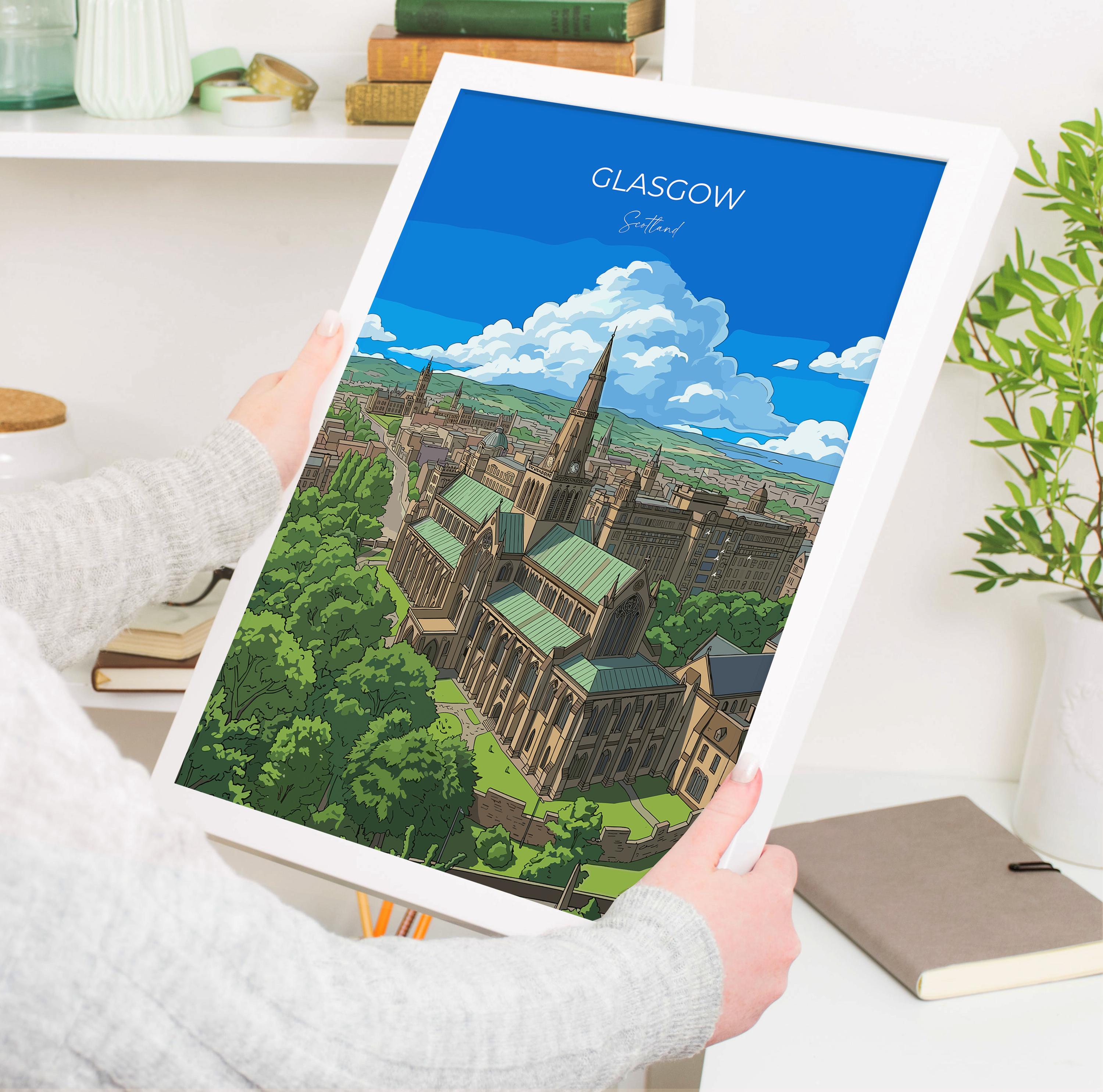 Glasgow Scotland Travel Print, Glasgow City Wall Art, Scottish Architecture Poster, Vintage Style UK City Decor, Scotland Gift NQ Media Designs