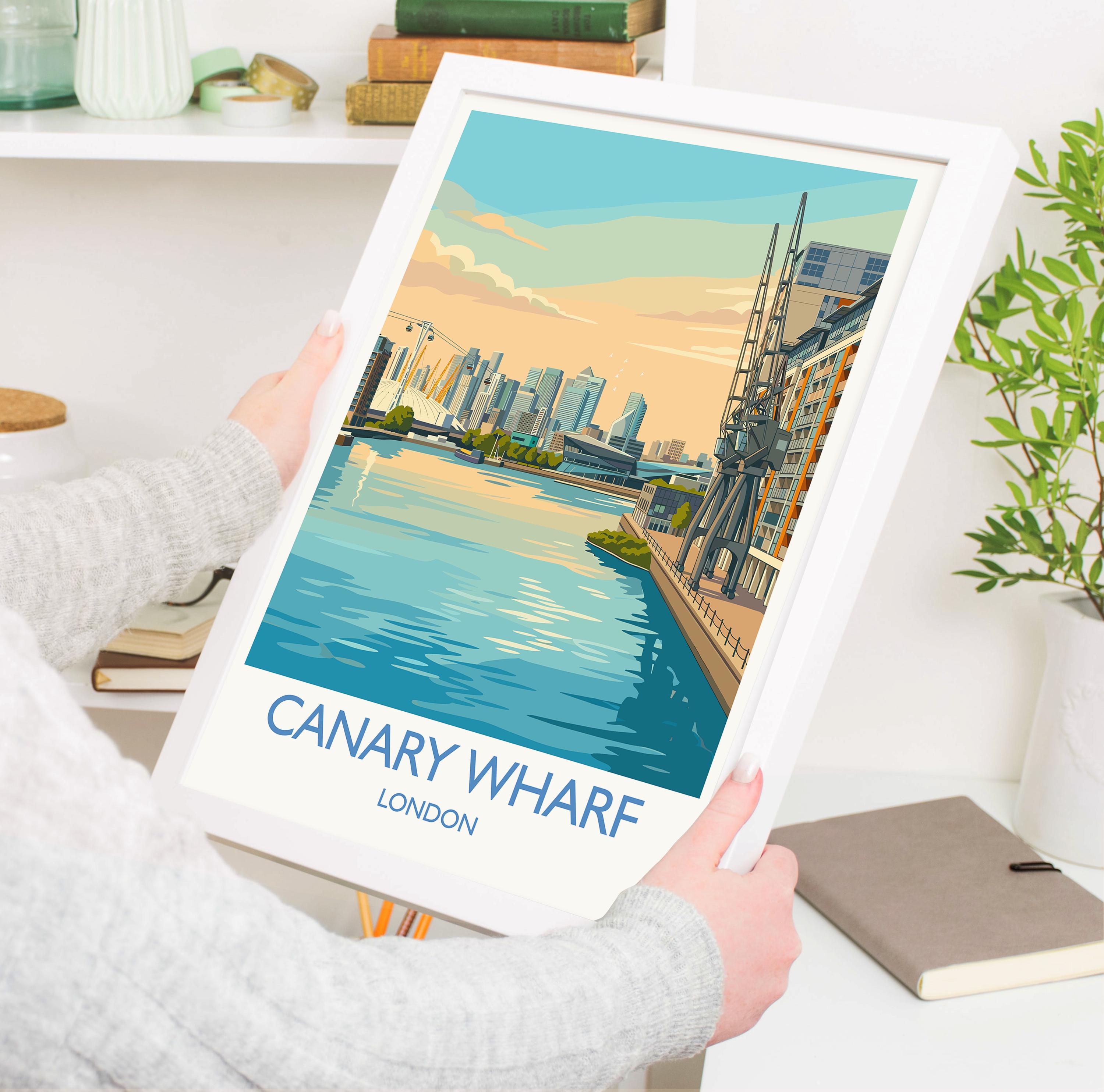Canary Wharf London Travel Poster, Royal Victoria Dock Wall Art, London Skyline Print, O2 & Cable Car, East London Travel Poster