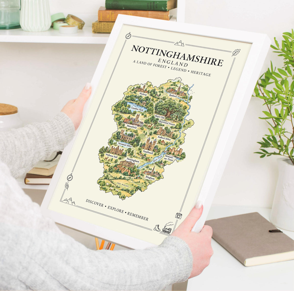 Nottinghamshire Illustrated Map Print, England Wall Art, Sherwood Forest Map Poster, Framed or Canvas Print, Notts Gift