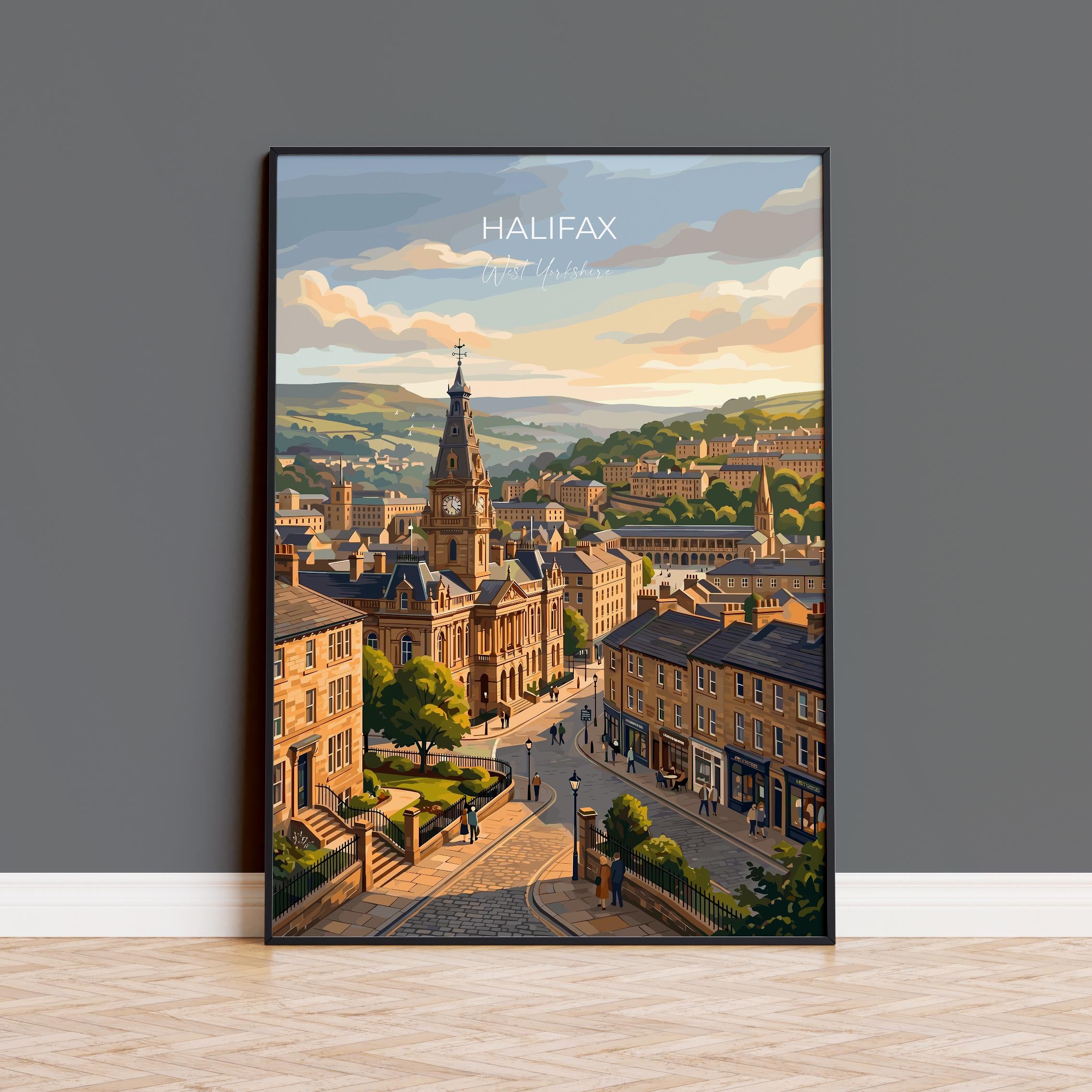 Halifax West Yorkshire Travel Poster, Piece Hall Wall Art, Historic Market Town Print, Yorkshire Illustration, Vintage Style UK Decor