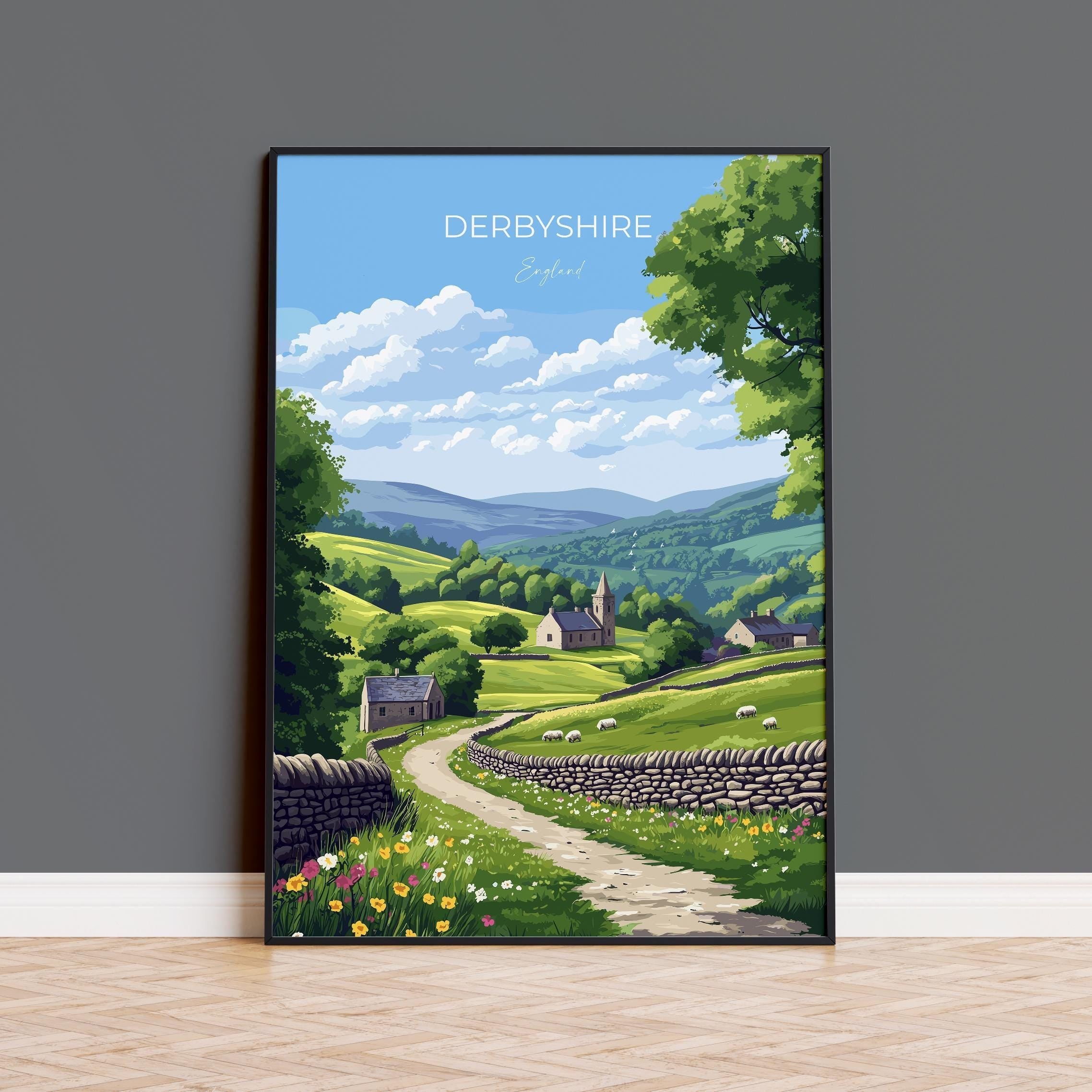 Derbyshire Travel Print Wall Art, Derbyshire Travel Poster, English Countryside Art Gift, Wall Art Print NQ Media Designs
