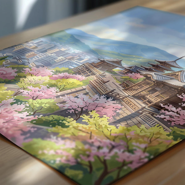Kyoto Japan Travel Print, Cherry Blossom Temple Wall Art, Japanese Landscape Poster, Sakura Illustration, Asia Decor, Kyoto Gift