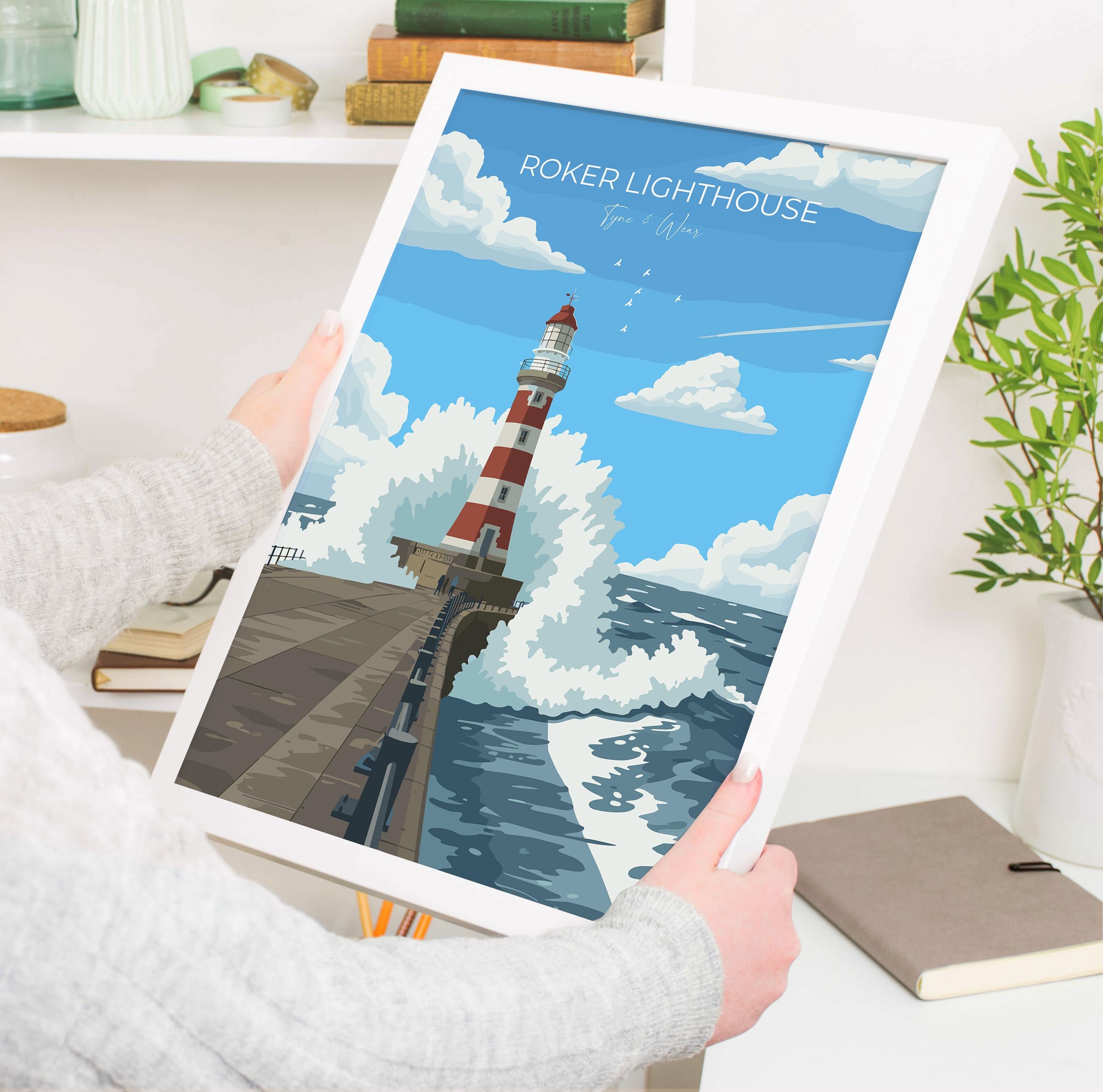 Roker Lighthouse Travel Poster Wall Art, Travel Print of Roker Pier Lighthouse, Sunderland, Northern England, Tyne & Wear Art Gift NQ Media Designs