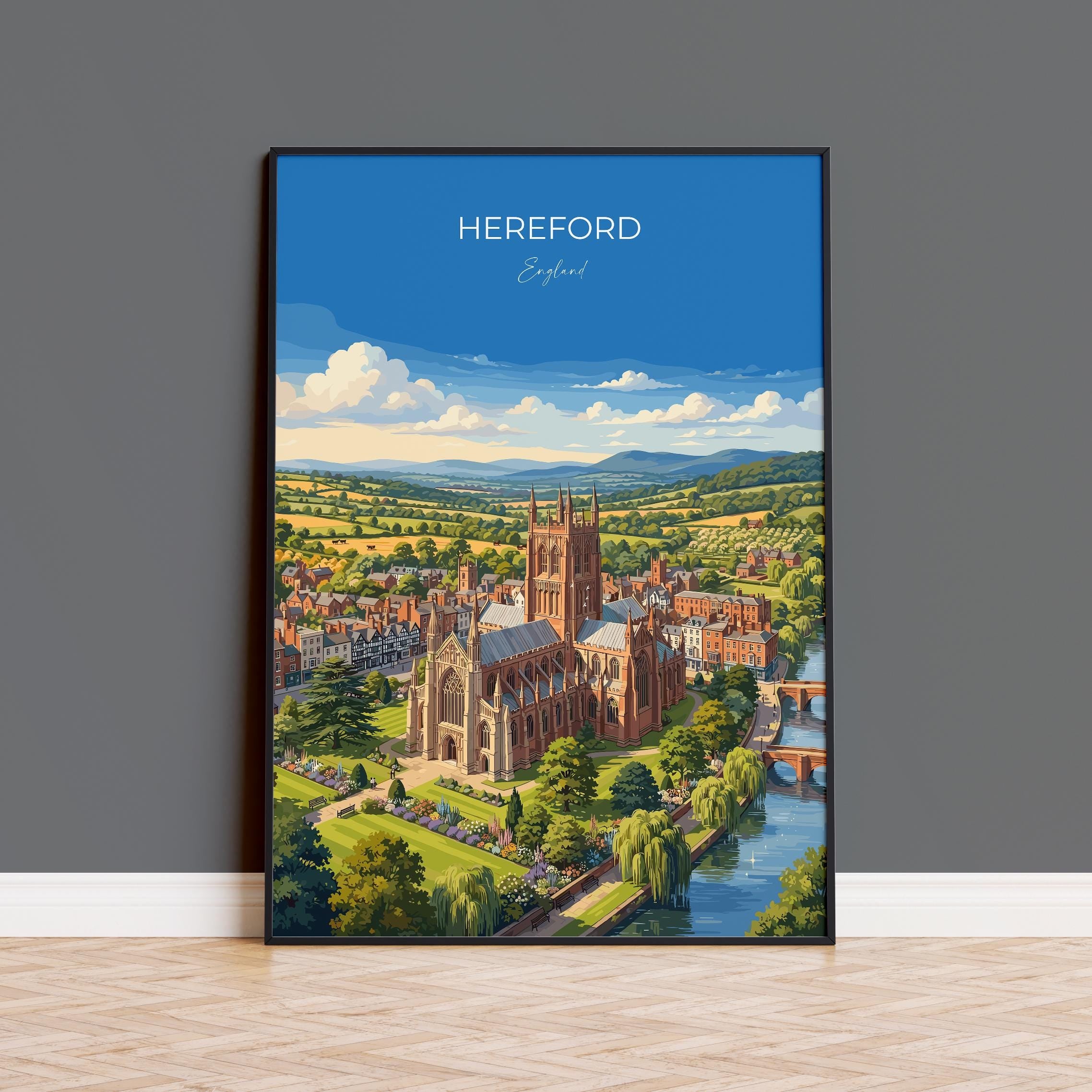 Hereford England Travel Print, Hereford Cathedral Wall Art, River Wye Poster, Historic City Illustration, Vintage Style UK Decor