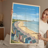 Birchington on Sea Travel Poster, Reculver Towers Beach Huts Wall Art, Kent Coast Print, Seaside Landscape Illustration, UK Coastal Decor