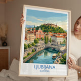 Ljubljana Slovenia Print, Dragon Bridge Wall Art with Border, Ljubljana Castle Poster, Slovenia Travel Print, Ljubljana Gift Print