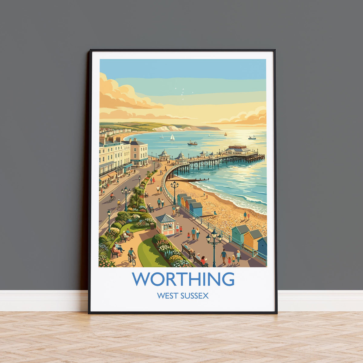 Worthing West Sussex Travel Poster, Worthing Pier Wall Art, Seafront Print, Sussex Coast Illustration, Vintage Style UK Decor