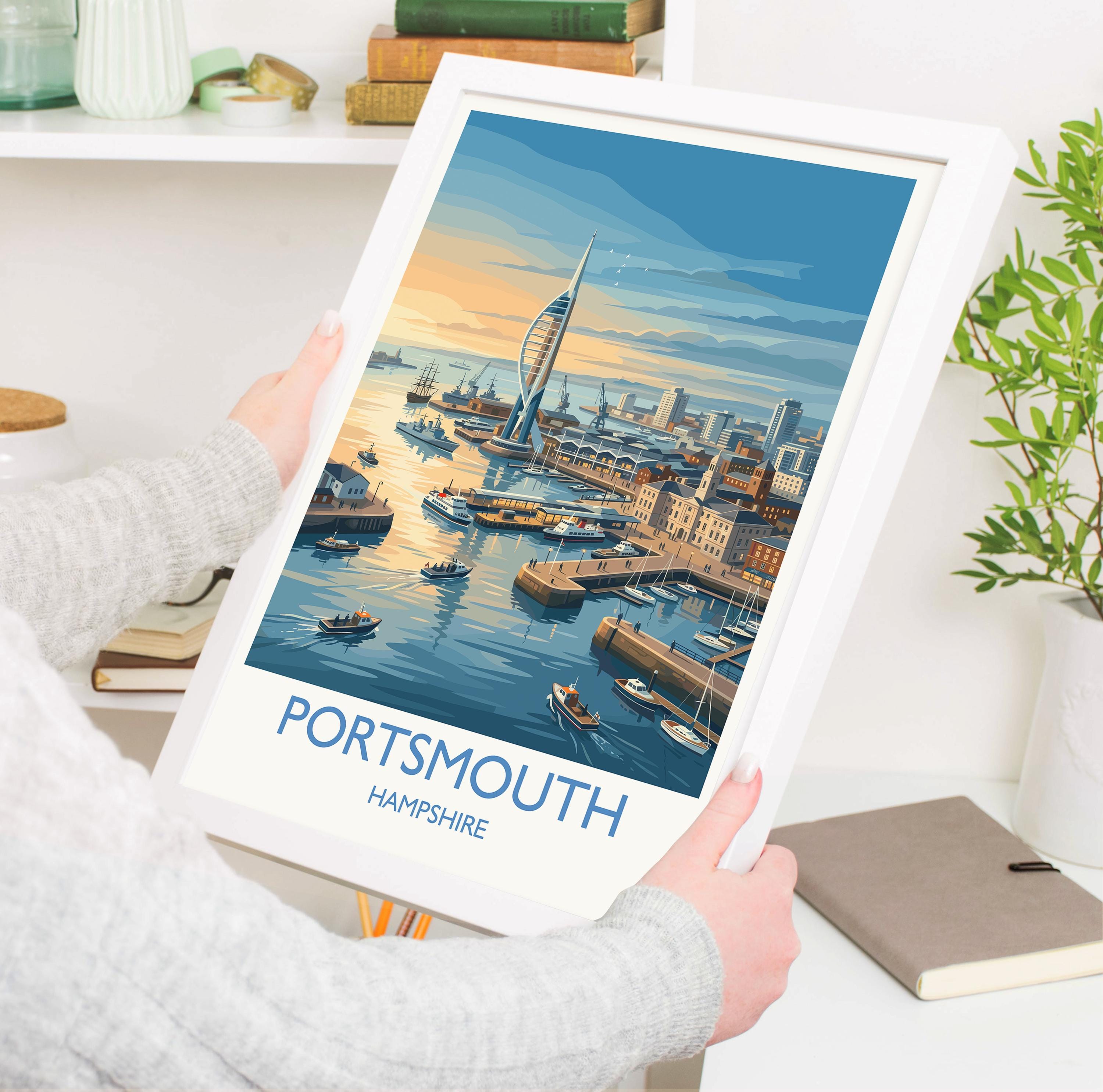 Portsmouth Travel Poster Print, Southsea & Spinnaker Tower Wall Art, Hampshire Coastal City Illustration, UK Travel Decor, Seaside Gift