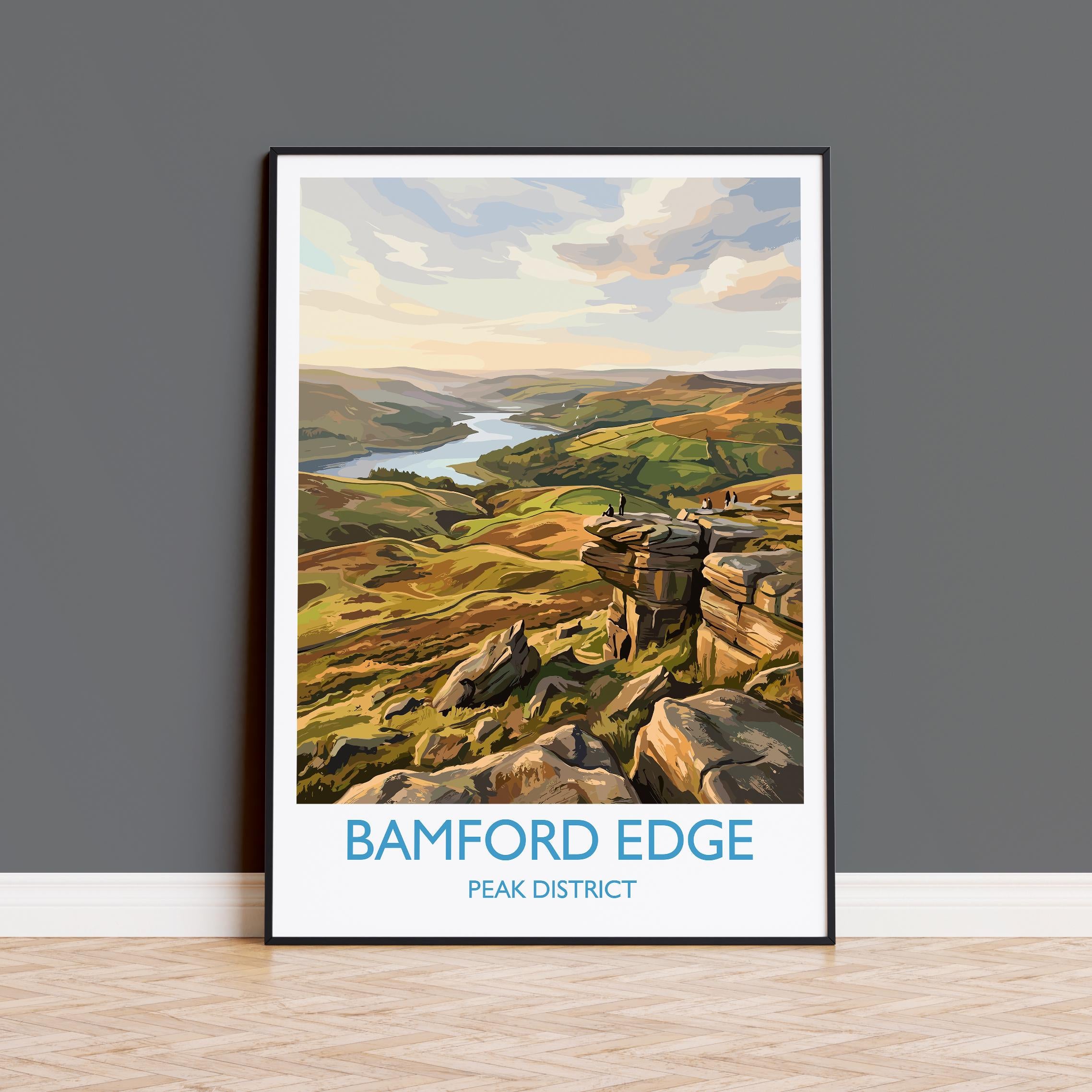 Bamford Edge Travel Poster, Peak District Wall Art, Derbyshire Landscape Print, Hope Valley View Illustration, Vintage Style UK Nature Decor