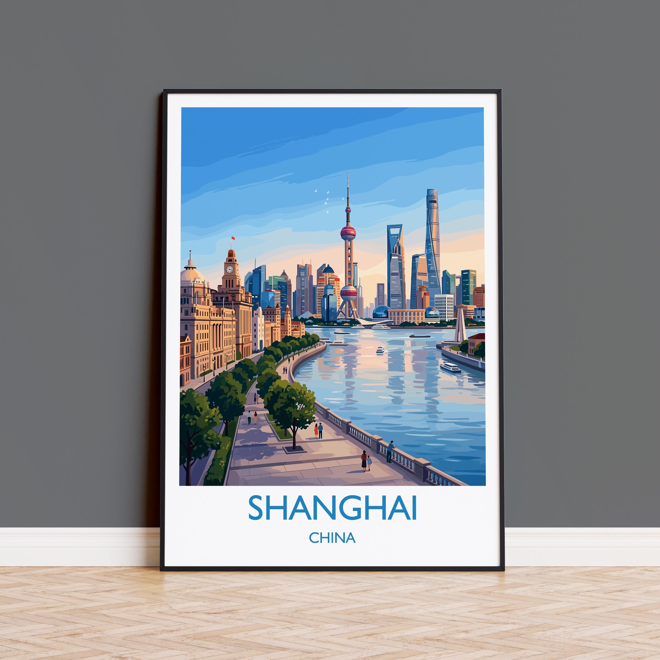 Shanghai China Travel Poster, City Skyline Wall Art, Shanghai Print, Bund & Pudong Illustration, Asia Vintage Style Decor