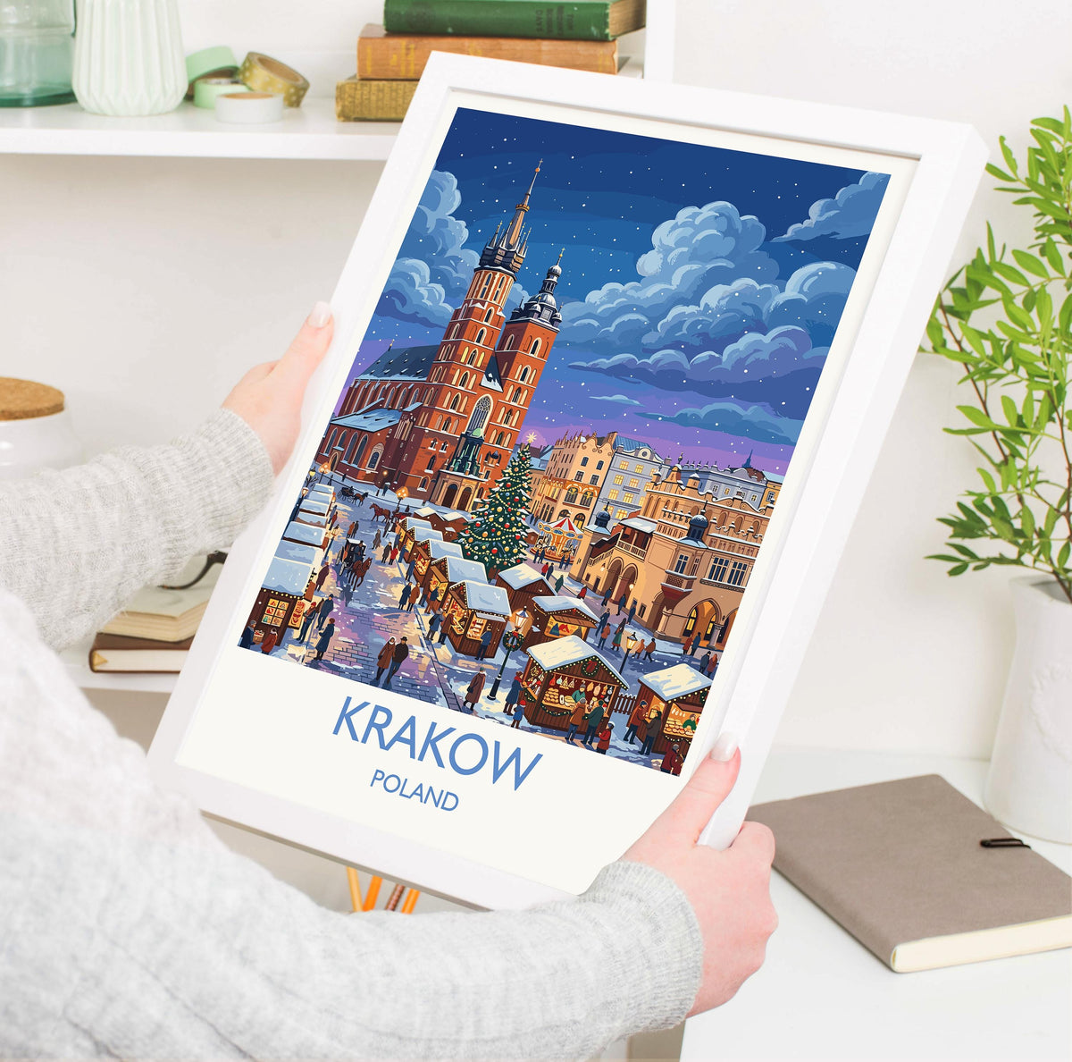 Krakow Christmas Market Print, Poland Winter Wall Art with Border, St Mary’s Basilica Poster, Festive Travel Print, Krakow Gift