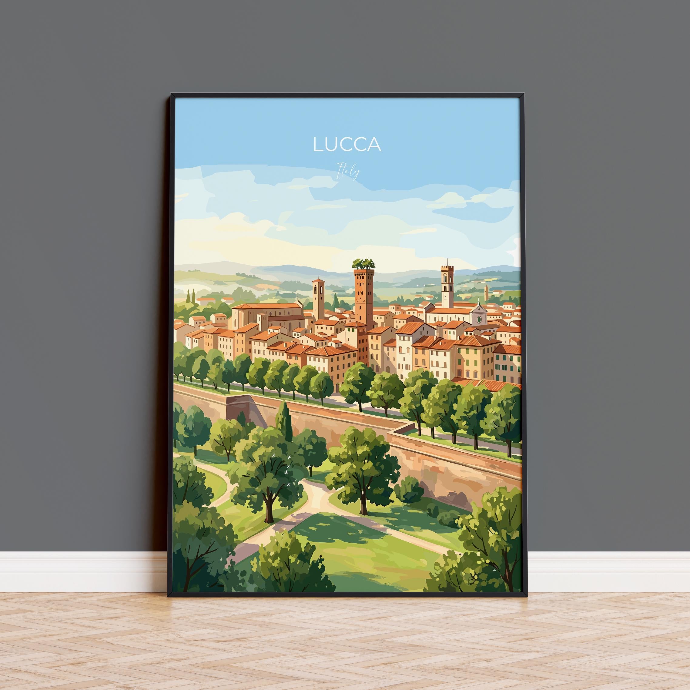 Lucca Italy Travel Print, Tuscany City Walls Wall Art, Historic Italian Town Poster, Medieval Architecture Illustration, Vintage Style Decor